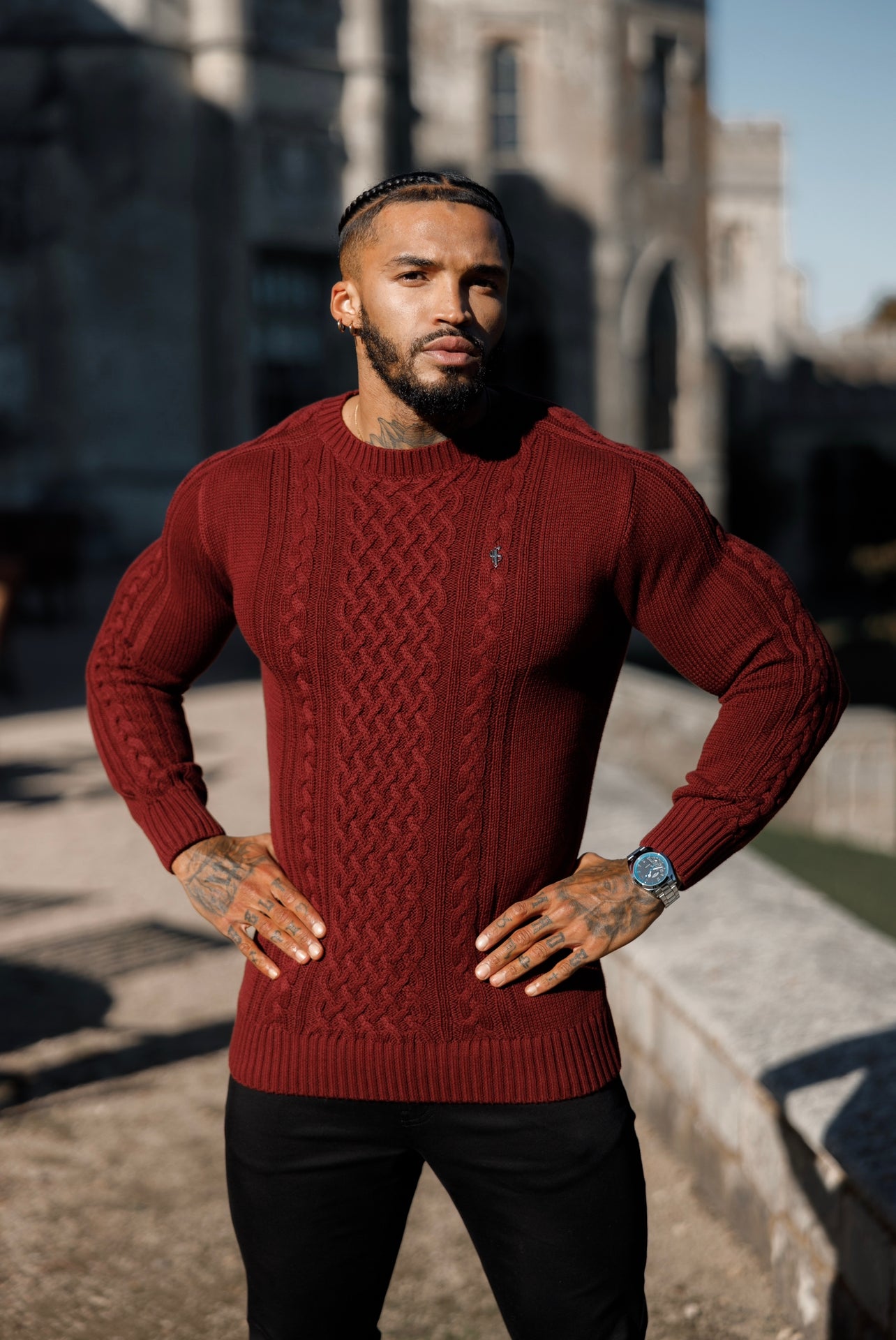 Burgundy Knitted Cable Saddle Crew Super Slim Jumper With Metal Decal - FSN079