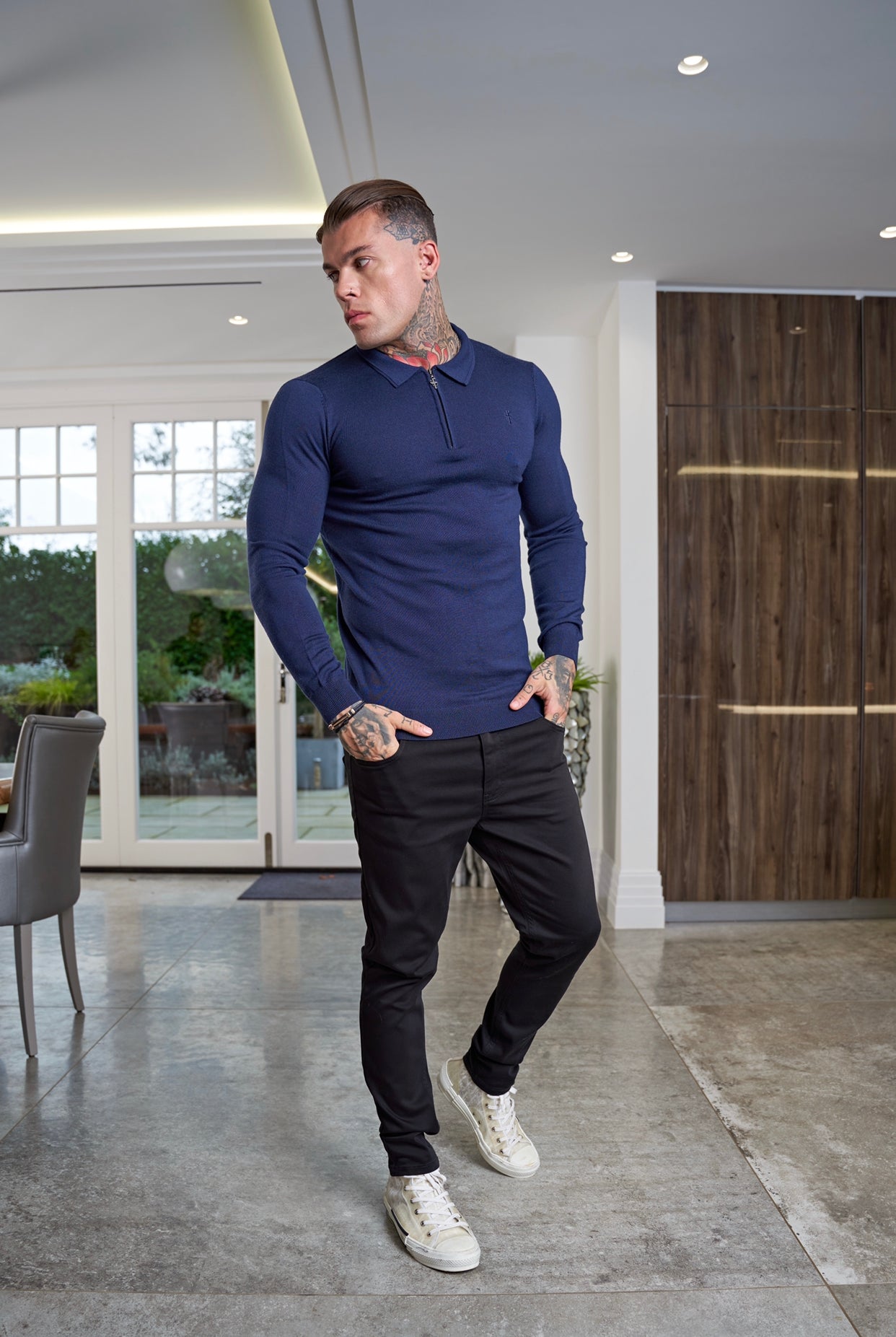 Classic Navy Merino Wool Knitted Zip Polo Long Sleeve Jumper With FS Embroidery- FSN007