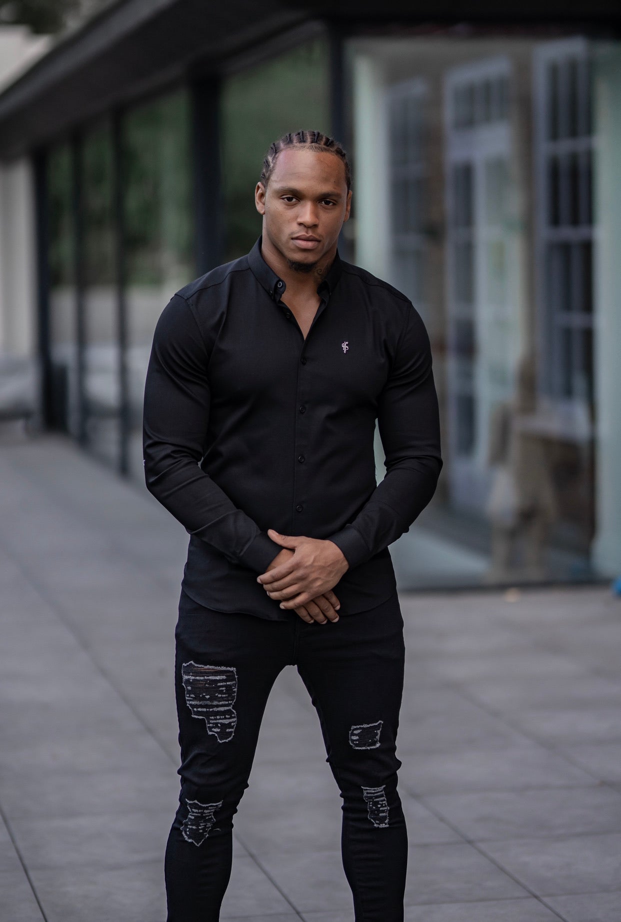 Super Slim Stretch Black Denim Long Sleeve with Metal Decal Emblem - FS642