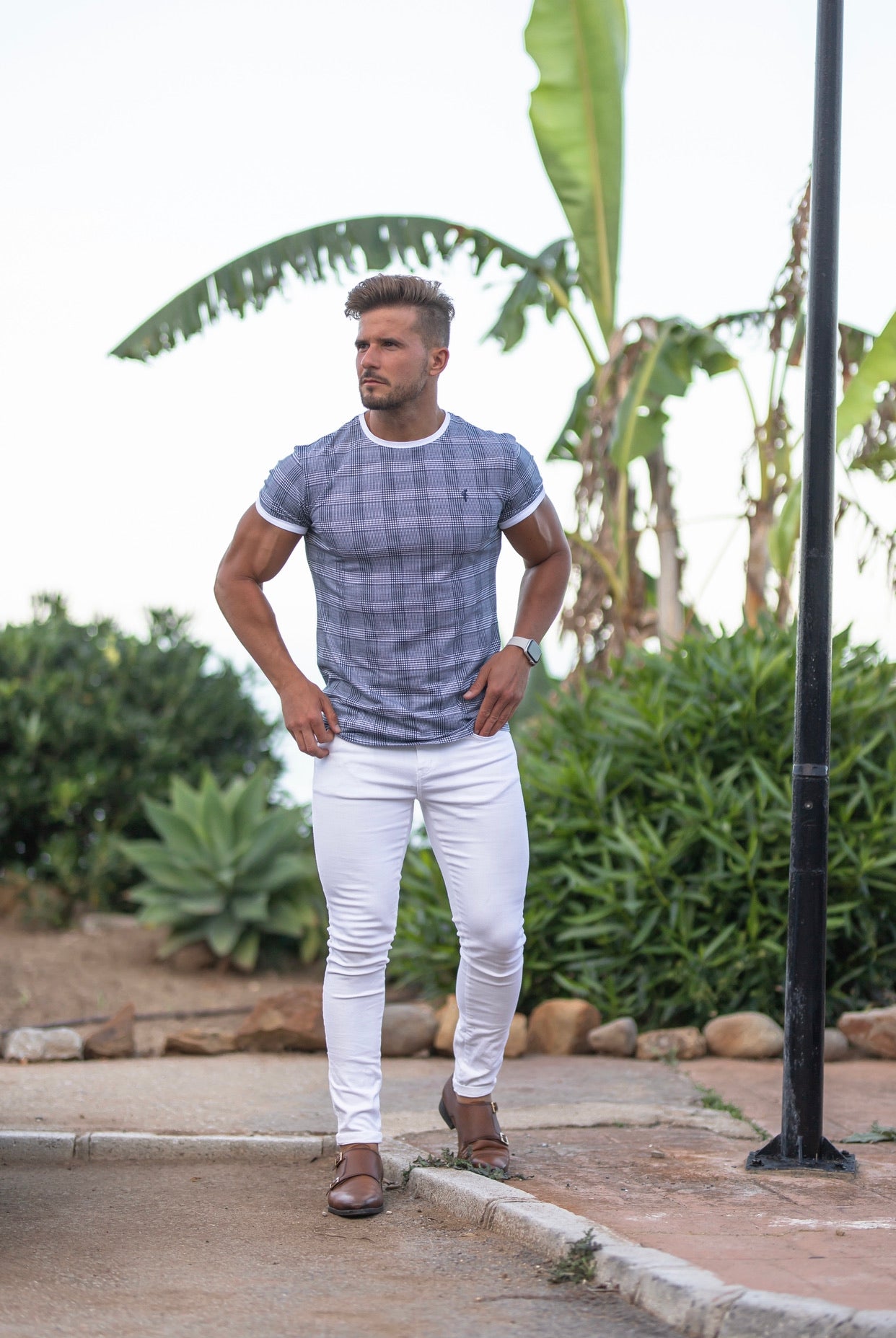 Prince of Wales Navy & White Check Crew T Shirt - FSH447