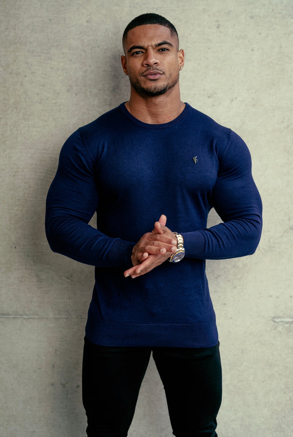 Classic Navy Crew Neck Knitted Jumper with Gunmetal Emblem - FSH669