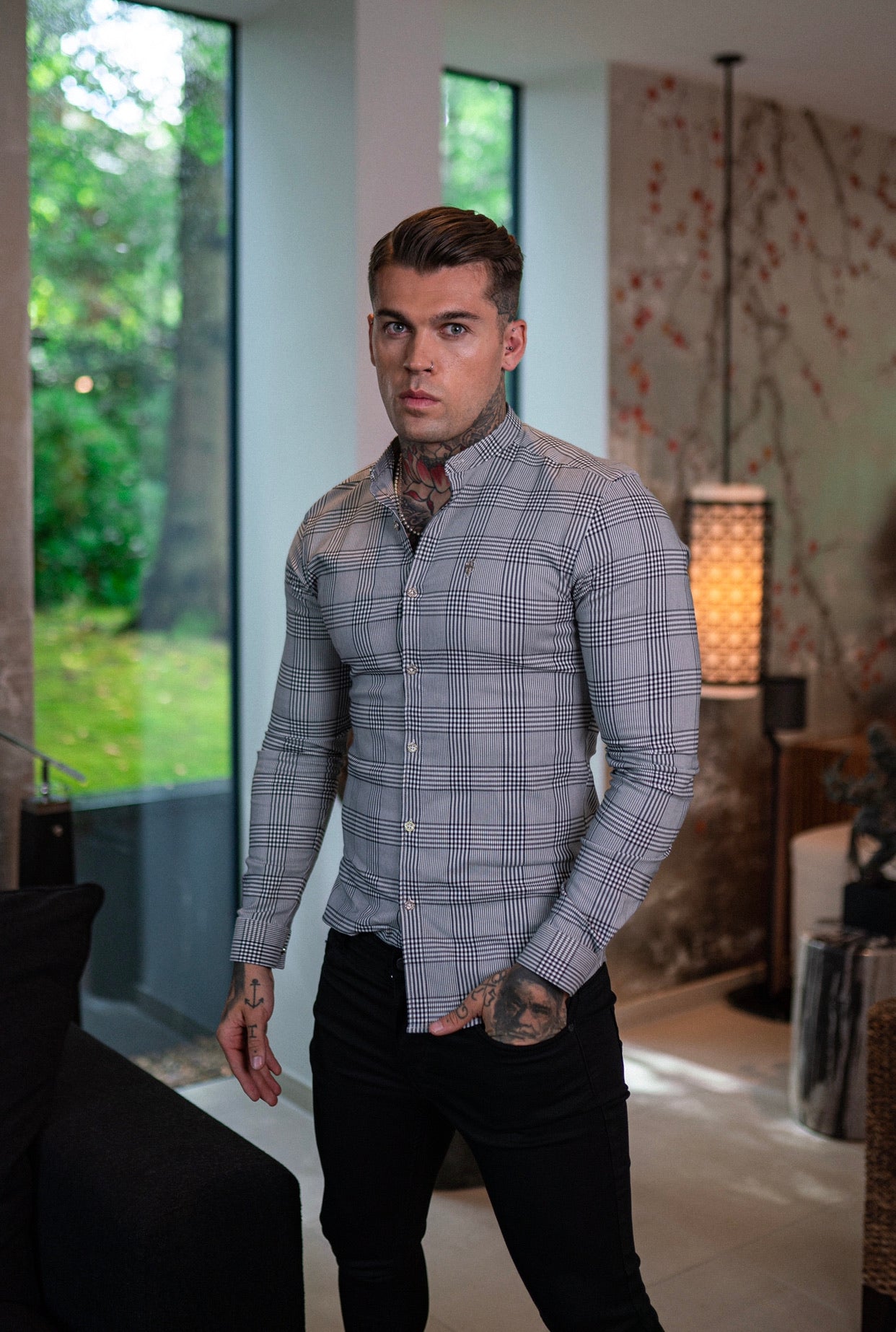 Super Slim Stretch Prince Of Wales White and Black Check Long Sleeve Grandad Collar with Metal Buttons and Emblem- FS733