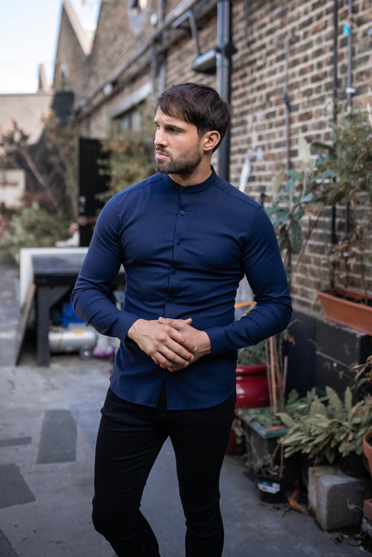 Super Slim Stretch Grandad Collar Classic Navy Oxford Long Sleeve - FS583