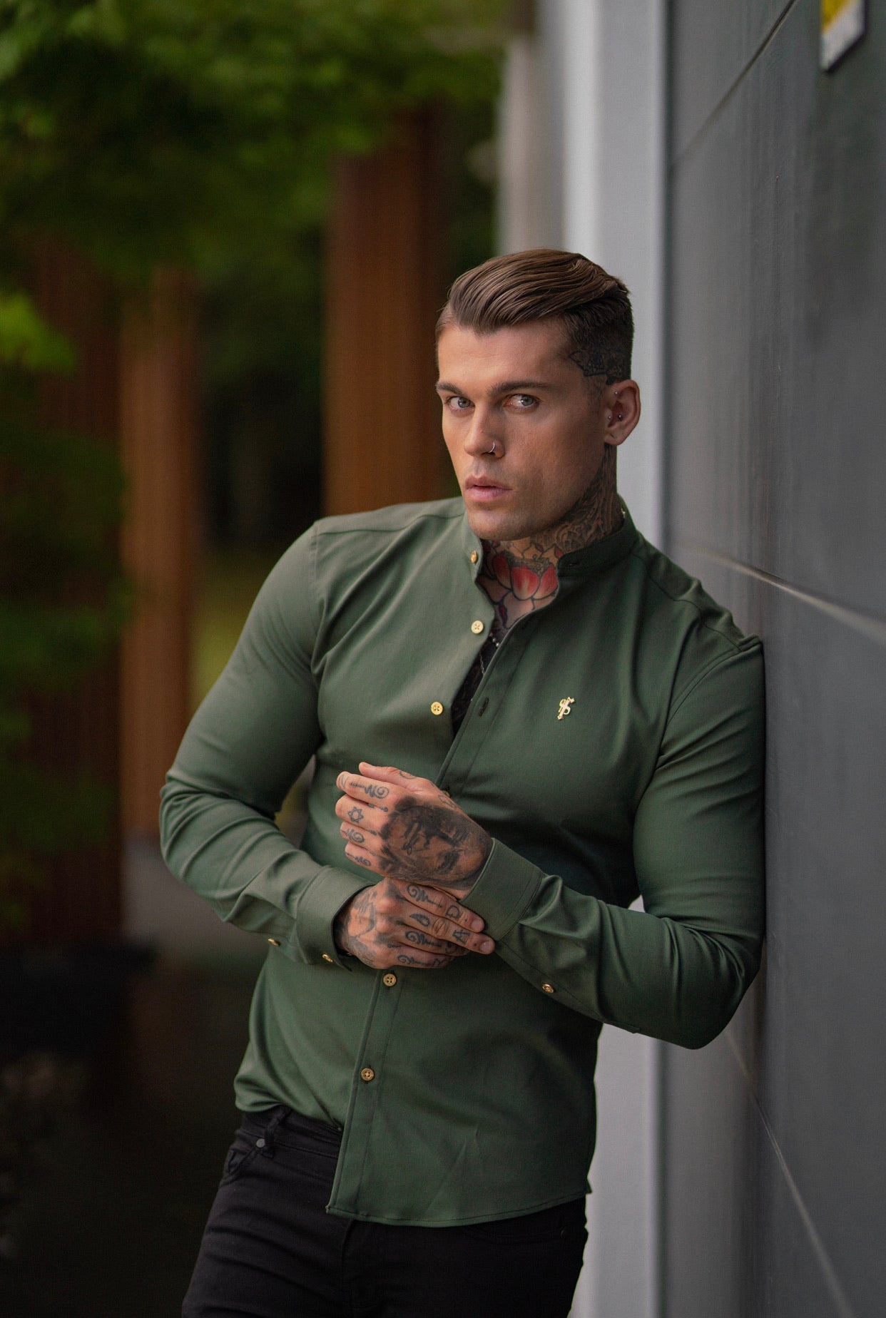 Super Slim Stretch Khaki Denim Long Sleeve Grandad collar with Metal Buttons and Decal Emblem - FS715