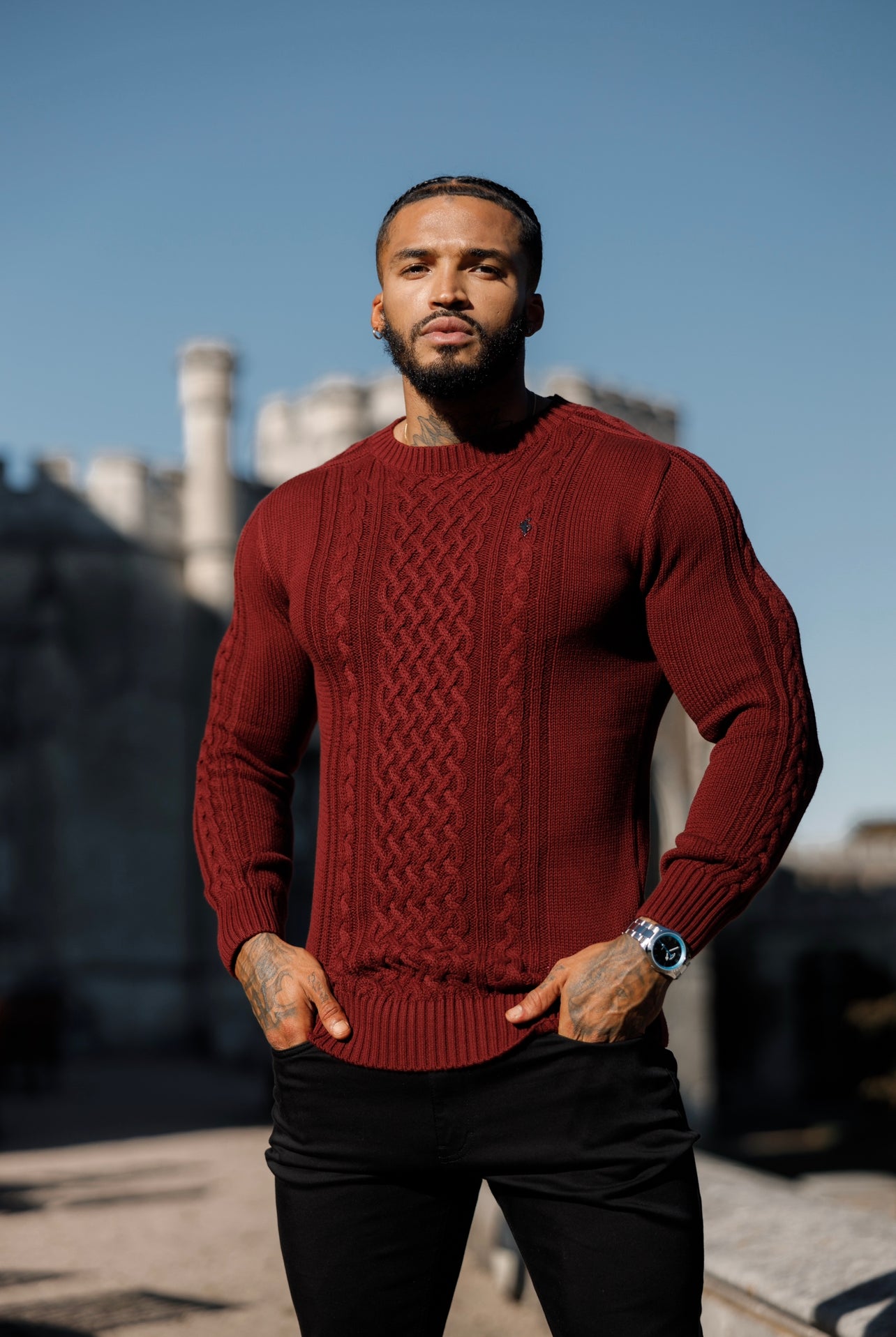 Burgundy Knitted Cable Saddle Crew Super Slim Jumper With Metal Decal - FSN079