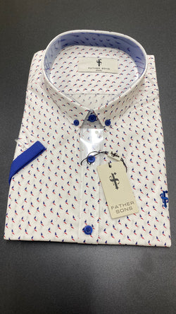 Father Sons White with Navy / Red Print With Navy Contrast Sleeve- FSX122 (LAST CHANCE)