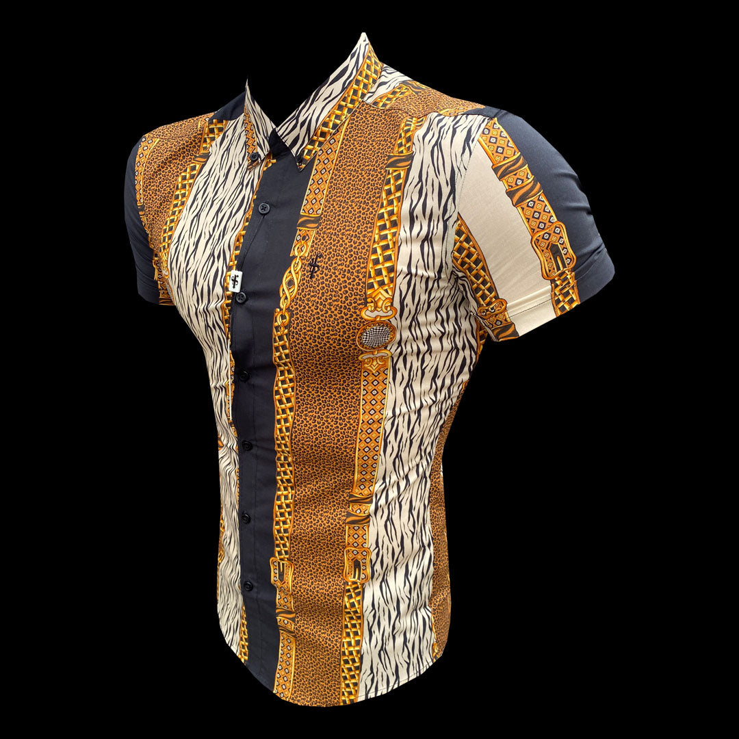 Super Slim Stretch Large Print Short Sleeve with Button Down Collar