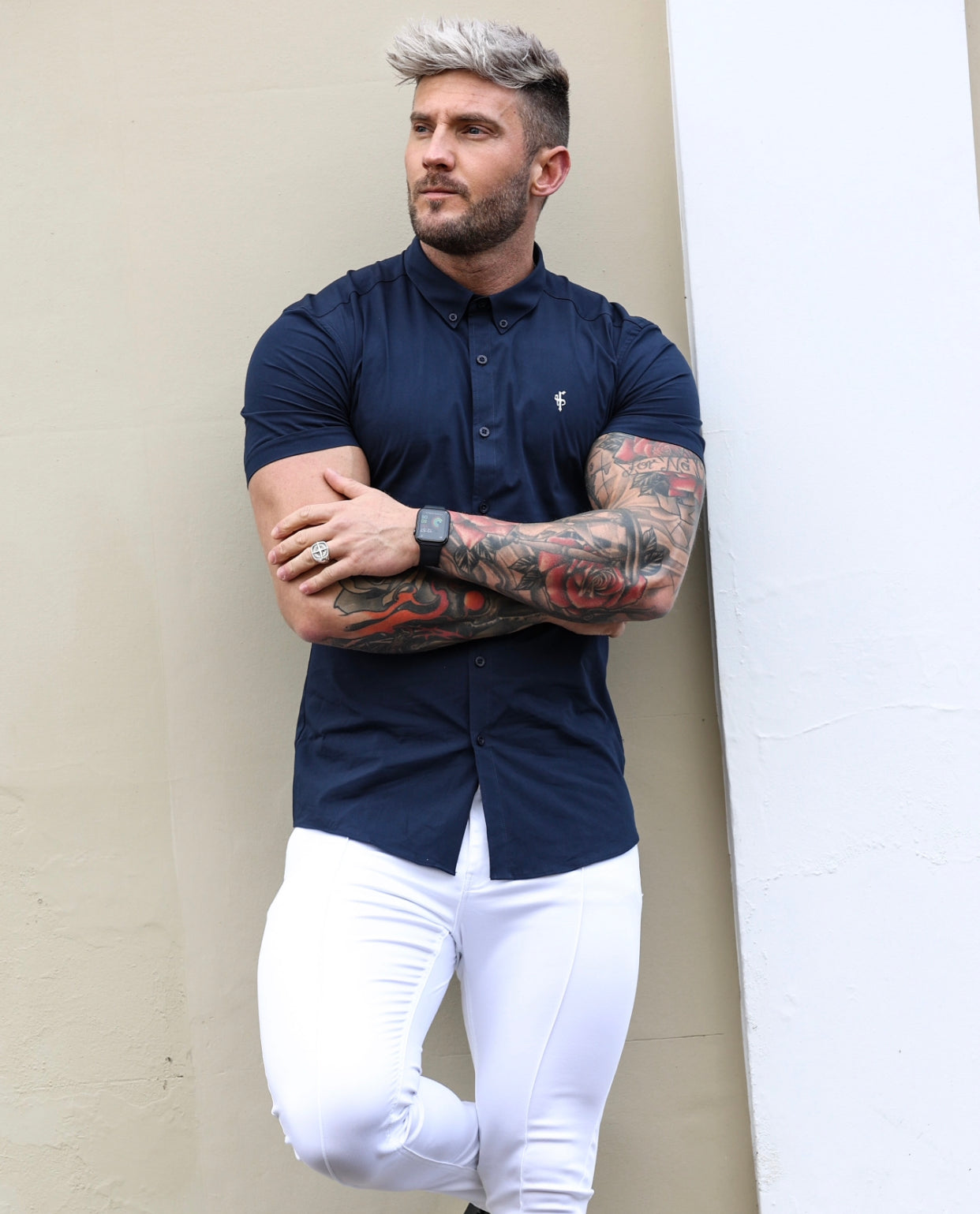 Super Slim Stretch Classic Navy Short Sleeve With Button Down Collar - FS816