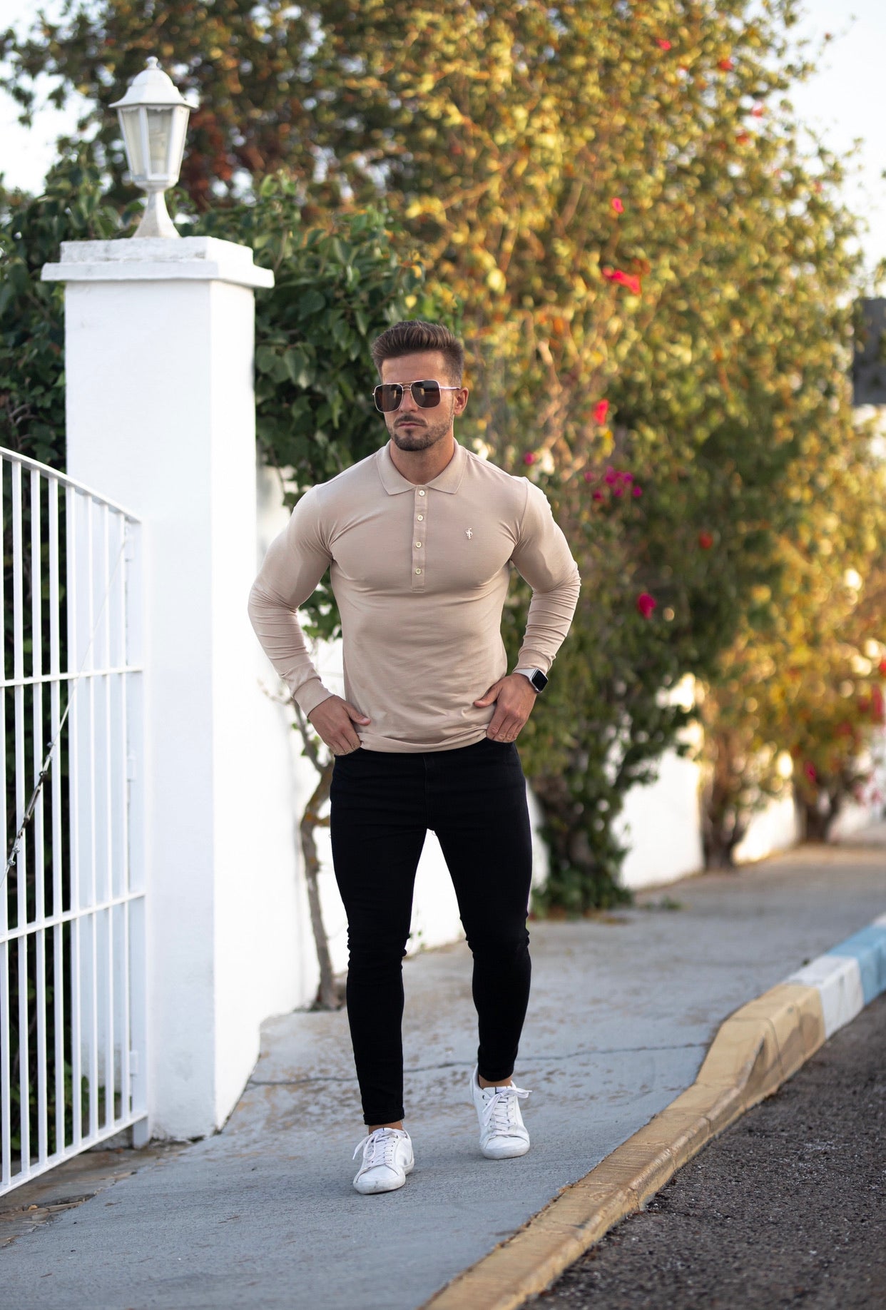 Classic Beige Long Polo Shirt with Gold Metal Emblem Decal & Buttons - FSH518