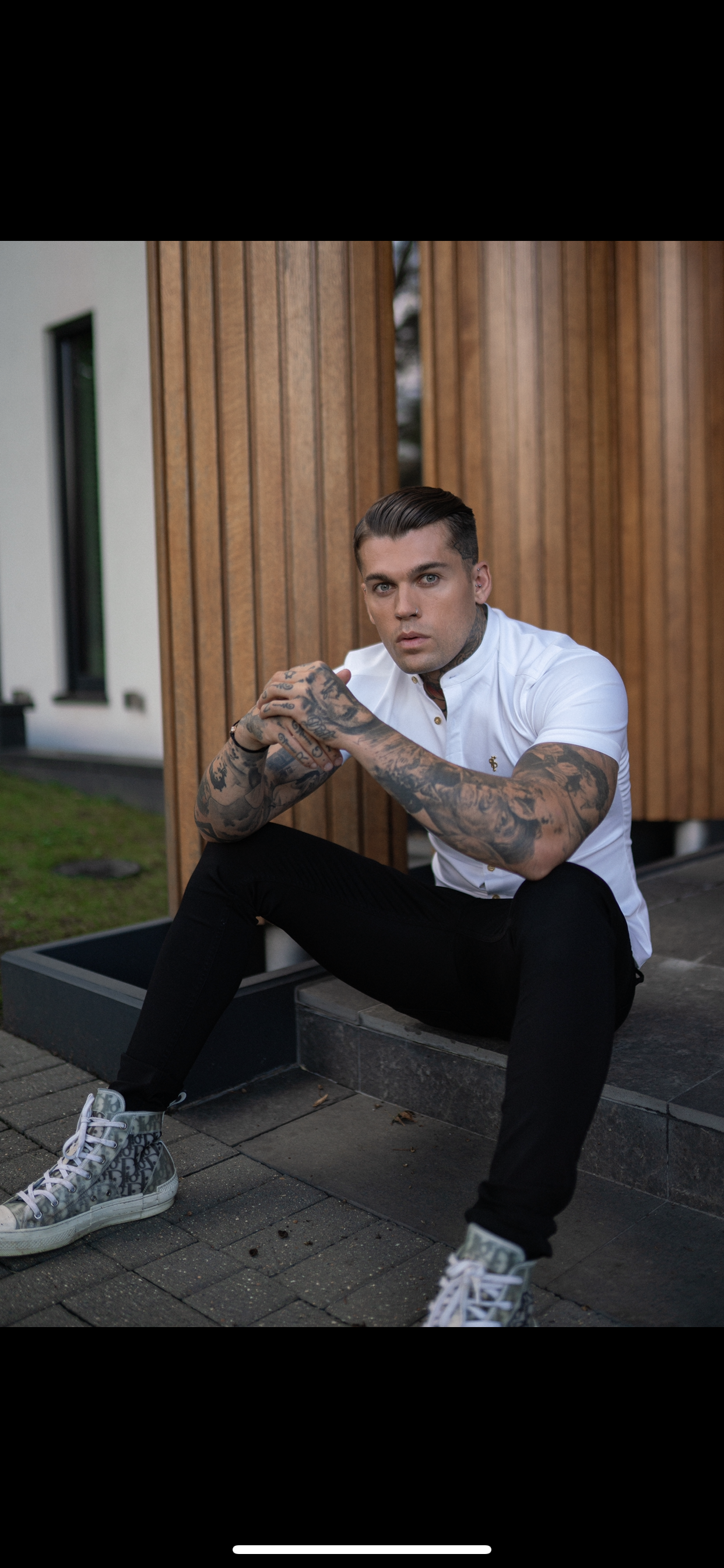 Super Slim Stretch White Denim Short Sleeve Grandad collar with Metal Buttons and Decal Emblem - FS720