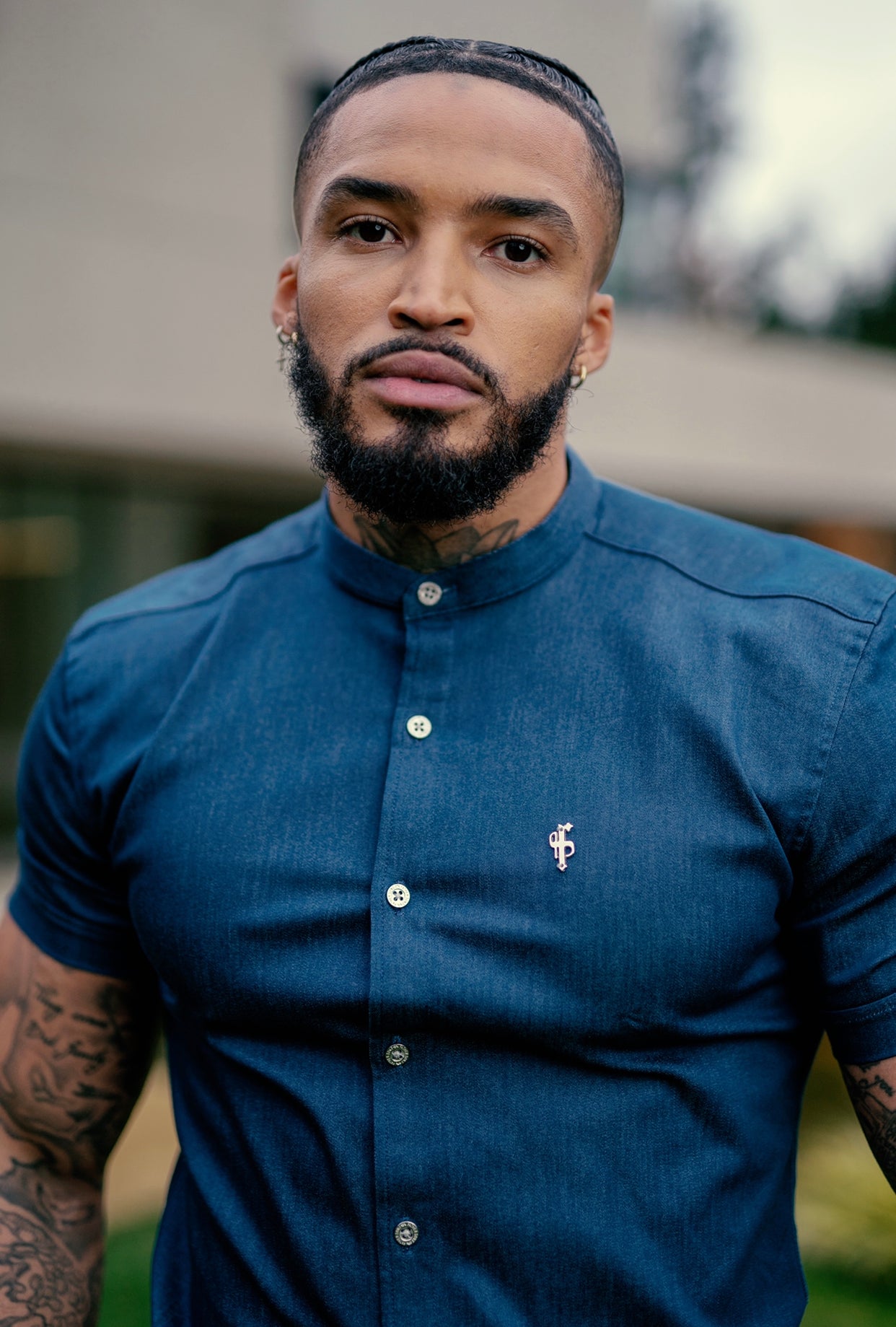 Super Slim Stretch Aegean Blue Denim Short Sleeve Grandad Collar with Metal Buttons and Decal Emblem - FS776