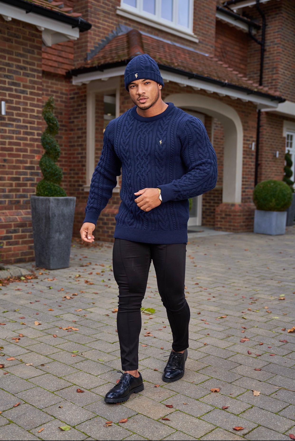 Navy Twisted Braid Weave Super Slim Jumper With Gold Decal - FSJ036