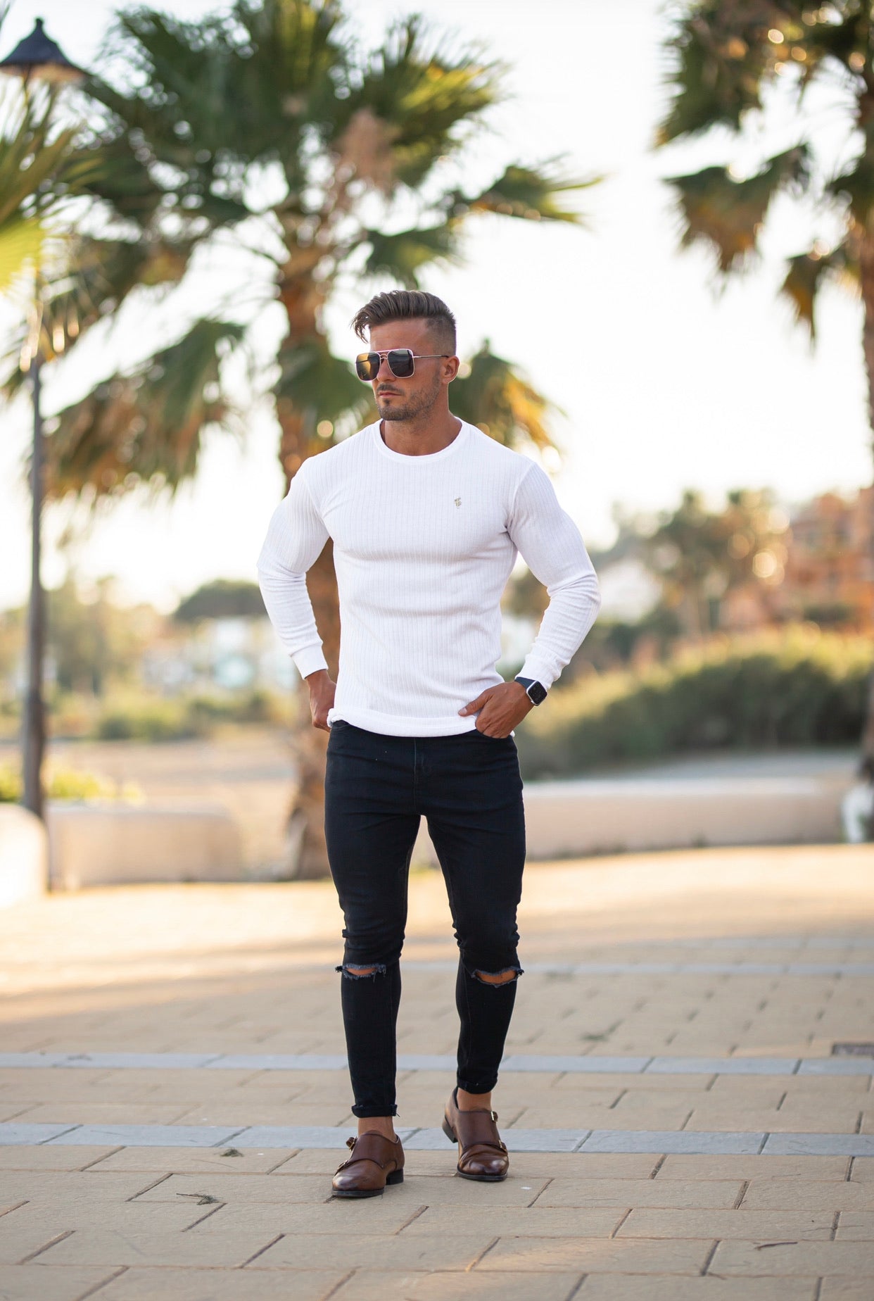 Super Slim White / Gold Ribbed Knit Super Slim Crew - FSH499