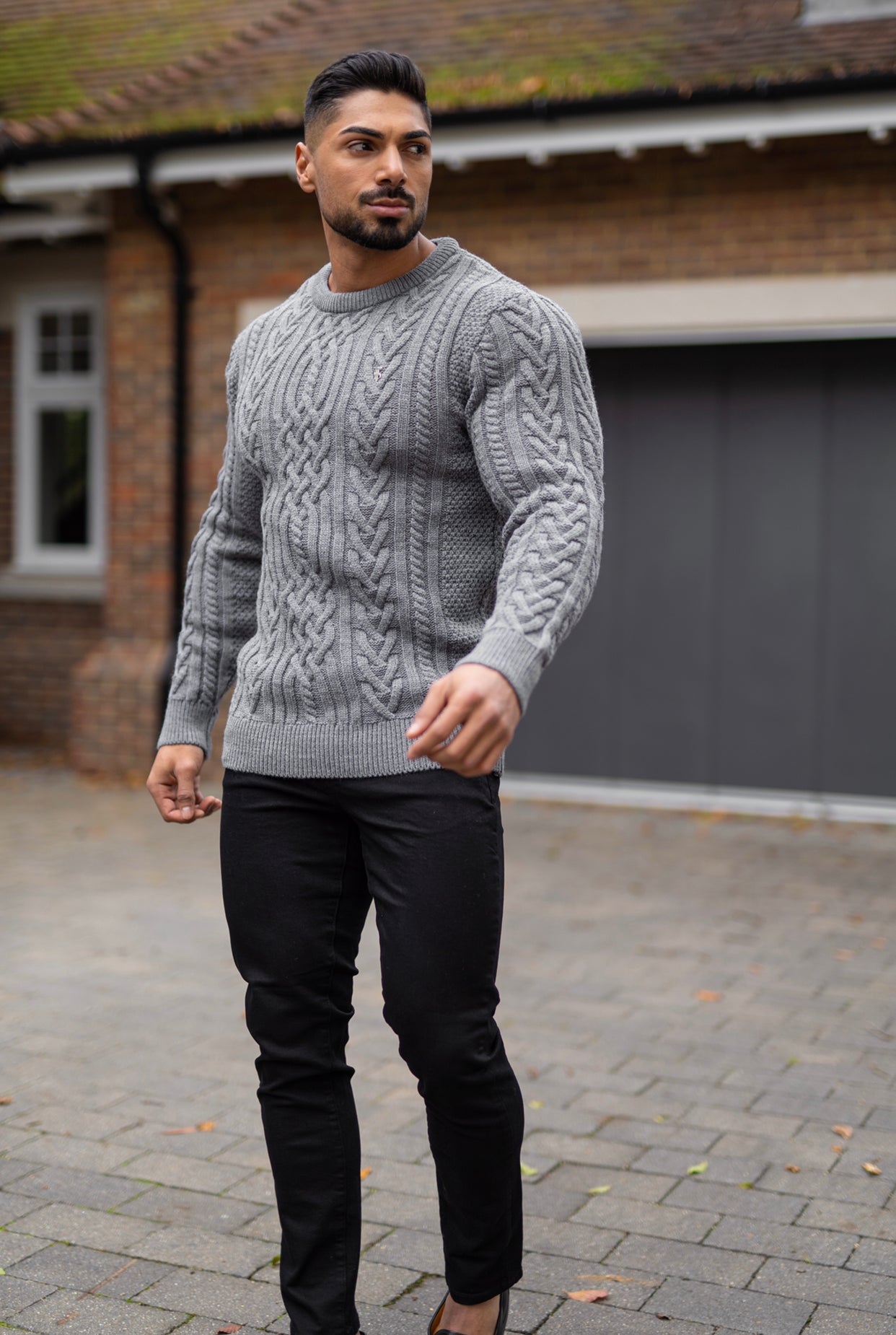 Grey Twisted Braid Weave Super Slim Jumper With Silver Decal - FSJ035