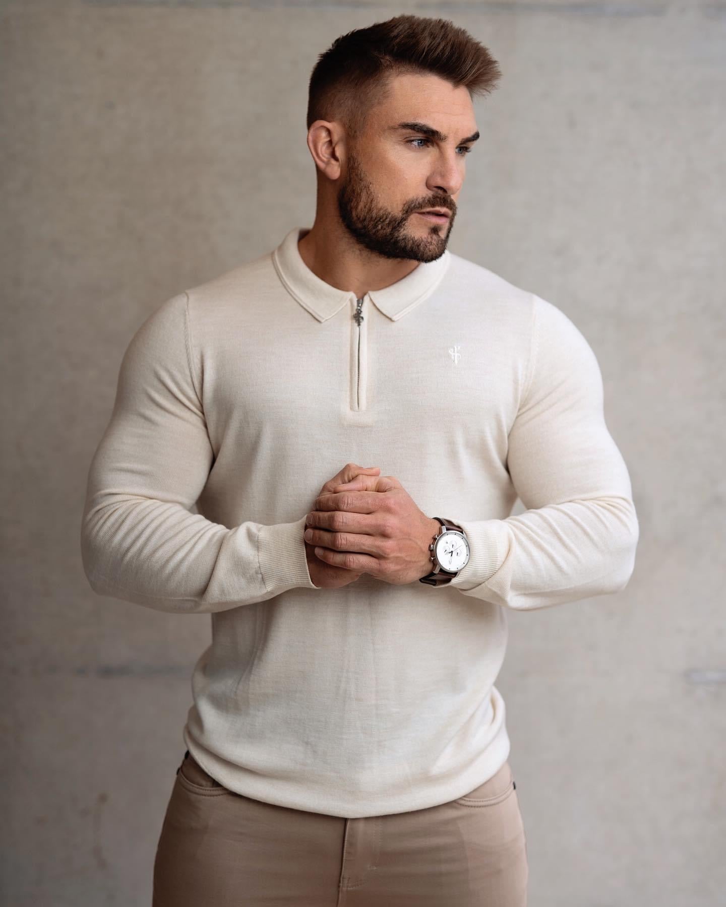 Classic Beige Merino Wool Knitted Zip Polo Long Sleeve Jumper With FS Embroidery- FSN008