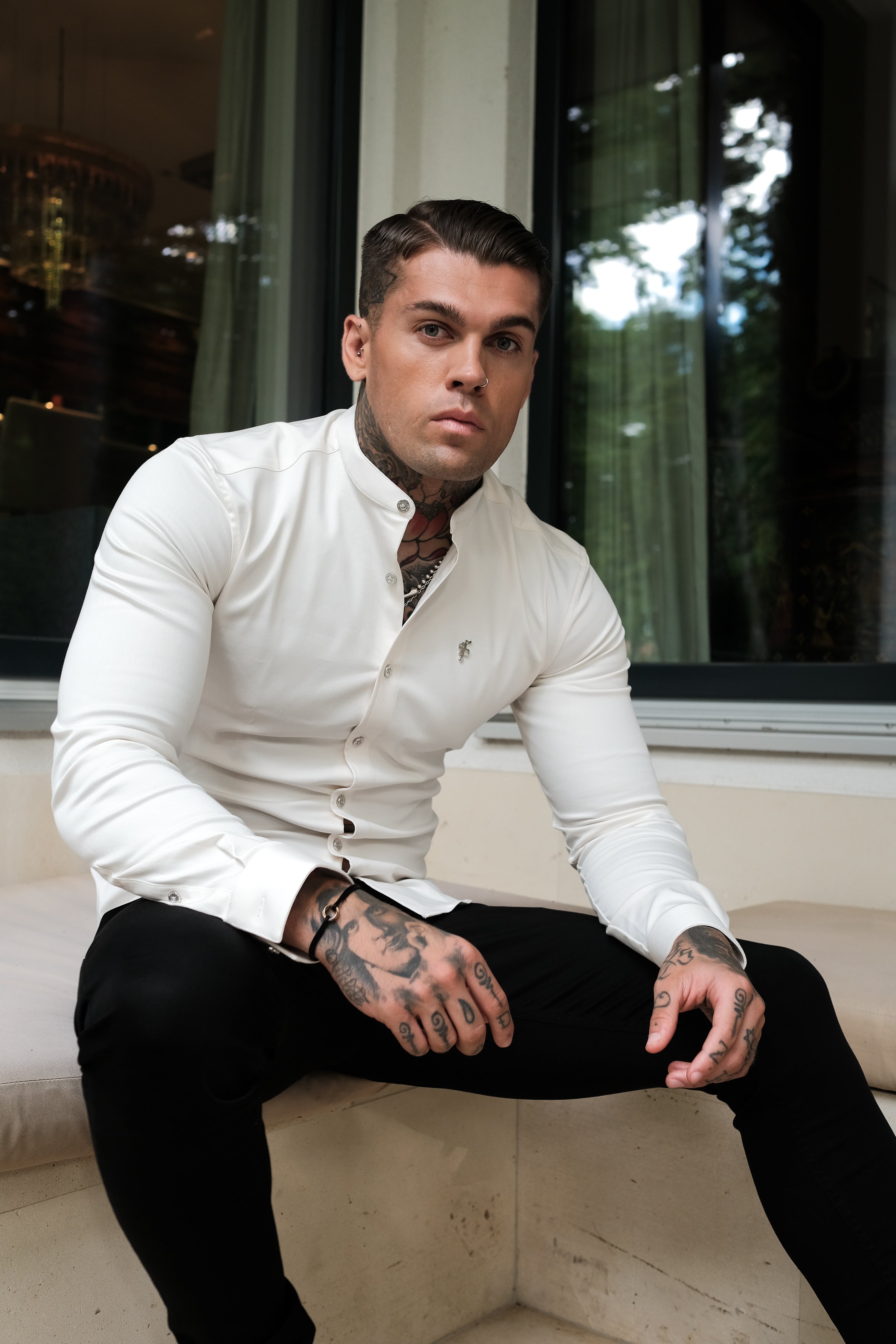 Super Slim Stretch Cream Denim Long Sleeve Grandad collar with Metal Buttons and Decal Emblem - FS725