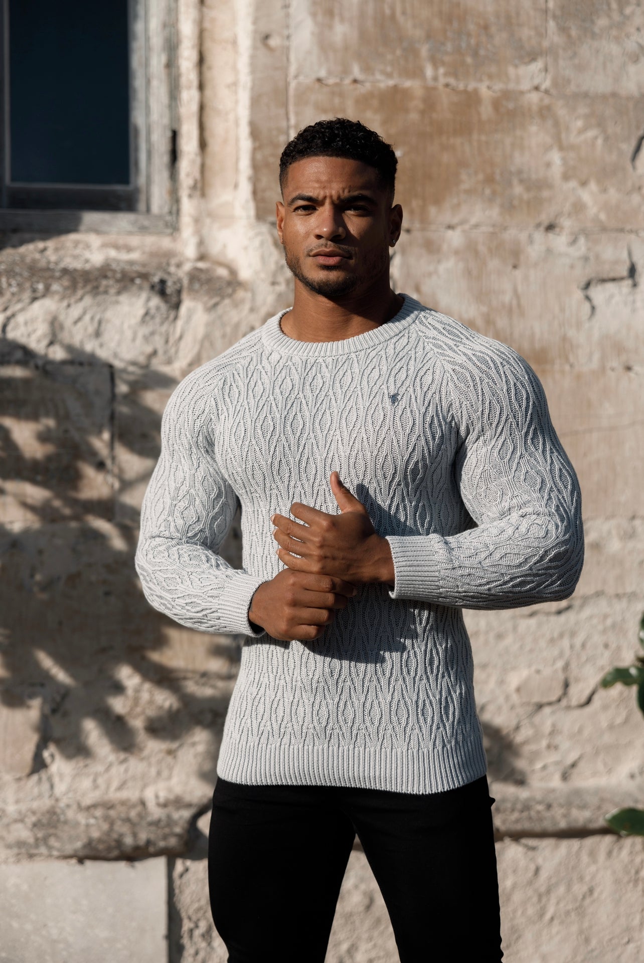 Silver Grey Knitted Elongated Diamond Crew Super Slim Raglan Jumper With Metal Decal - FSN053