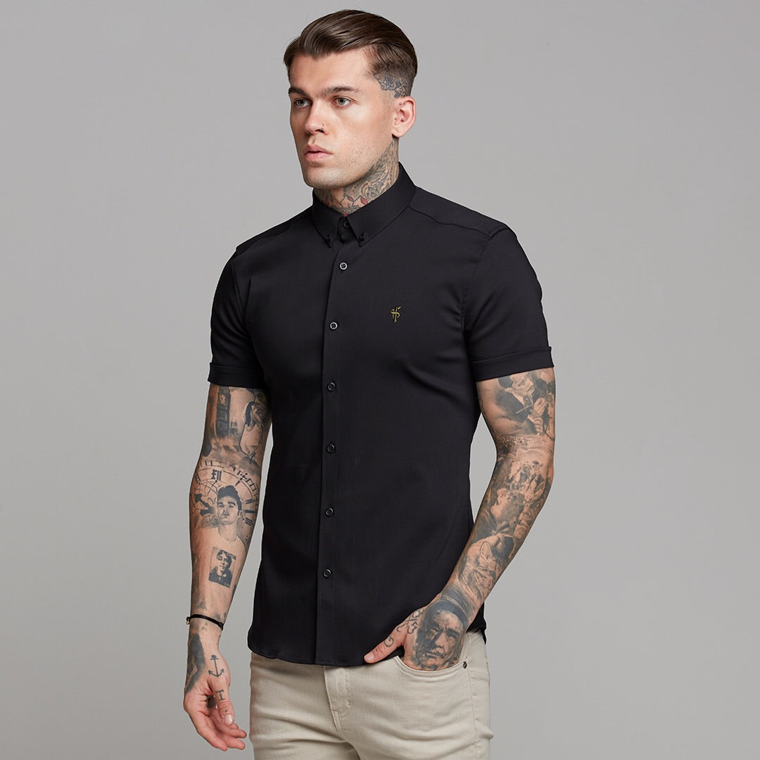 Super Slim Ultra Stretch Classic Black Short Sleeve (Khaki Embroidery) - FS481