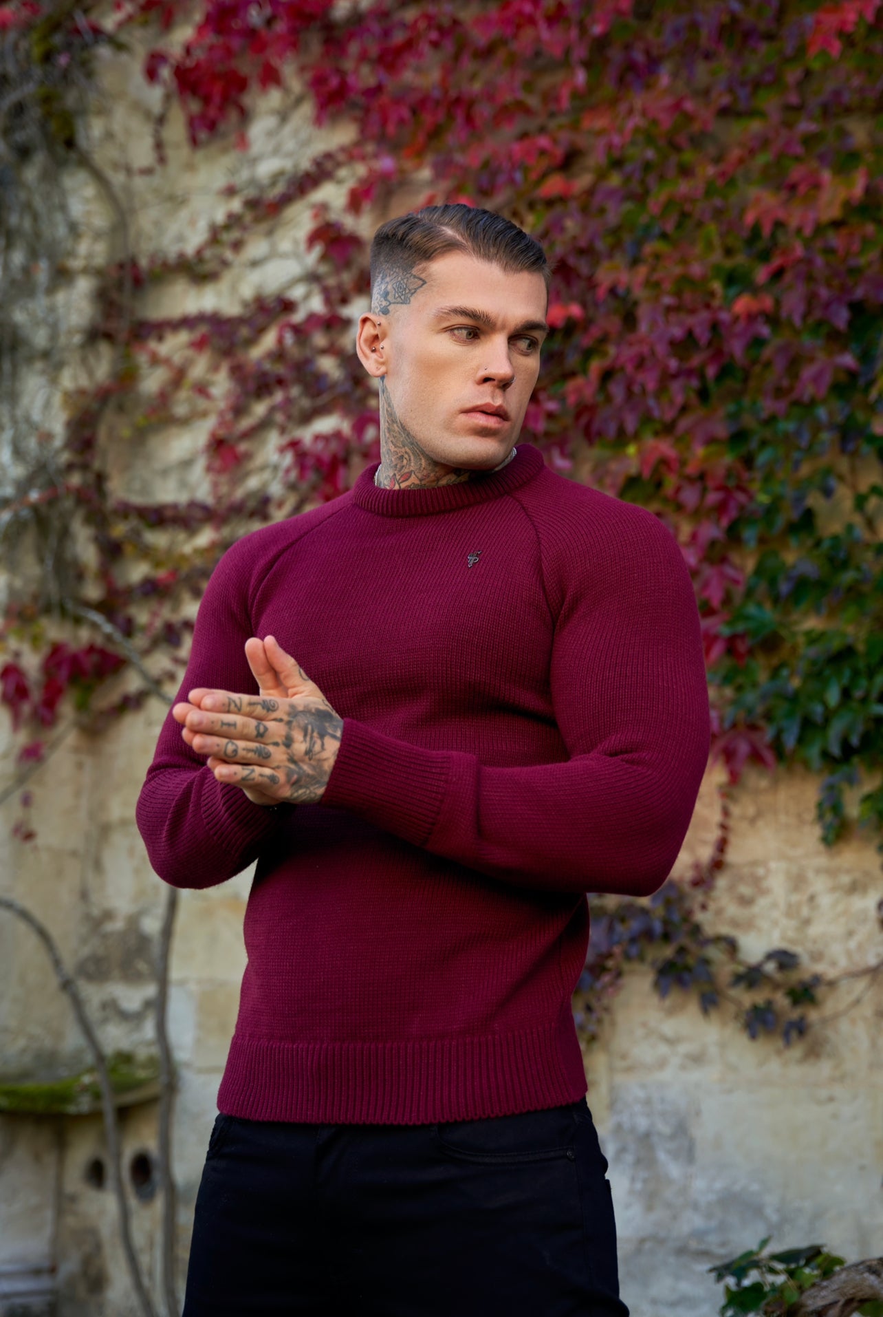 Burgundy Knitted Raglan Crew Super Slim Jumper With Metal Decal - FSJ055