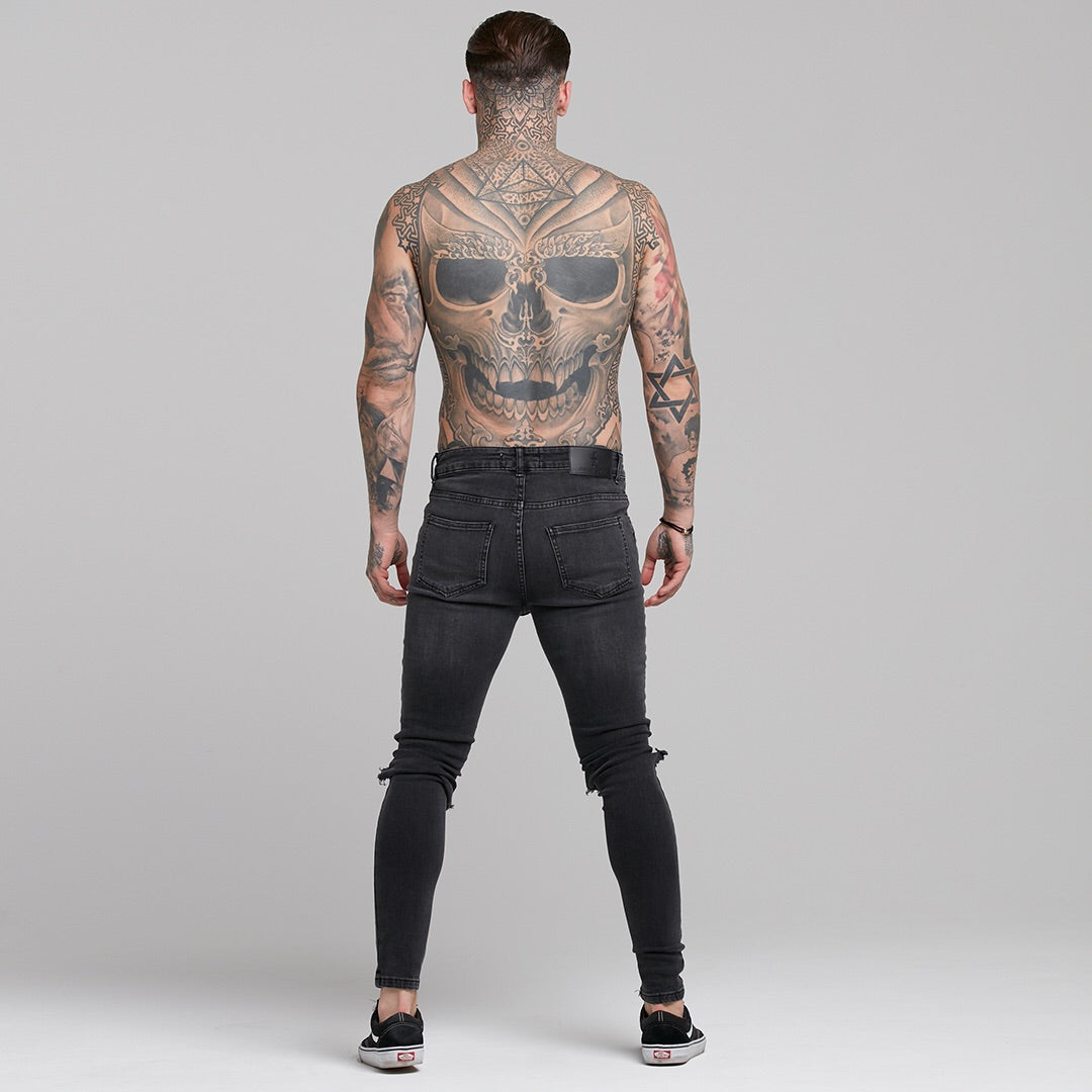 Stretch Washed Black Ripped Tapered Ankle Skinny Jeans - FSH227