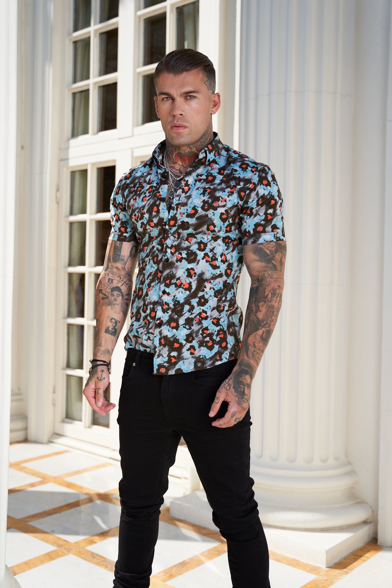 Super Slim Stretch Multi Colour Abstract Leopard Print Short Sleeve with Button Down Collar - FS790