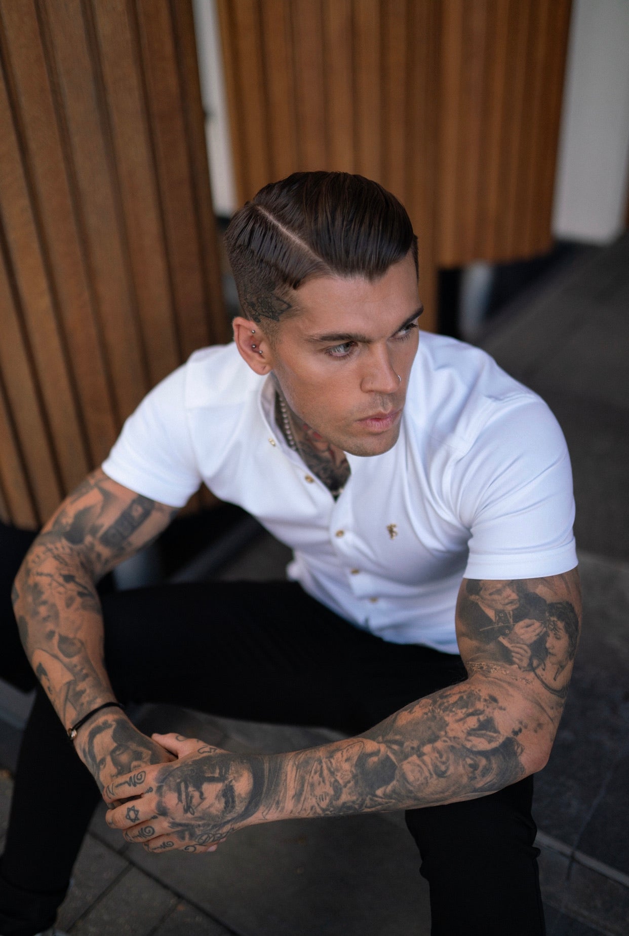 Super Slim Stretch White Denim Short Sleeve Grandad collar with Metal Buttons and Decal Emblem - FS720