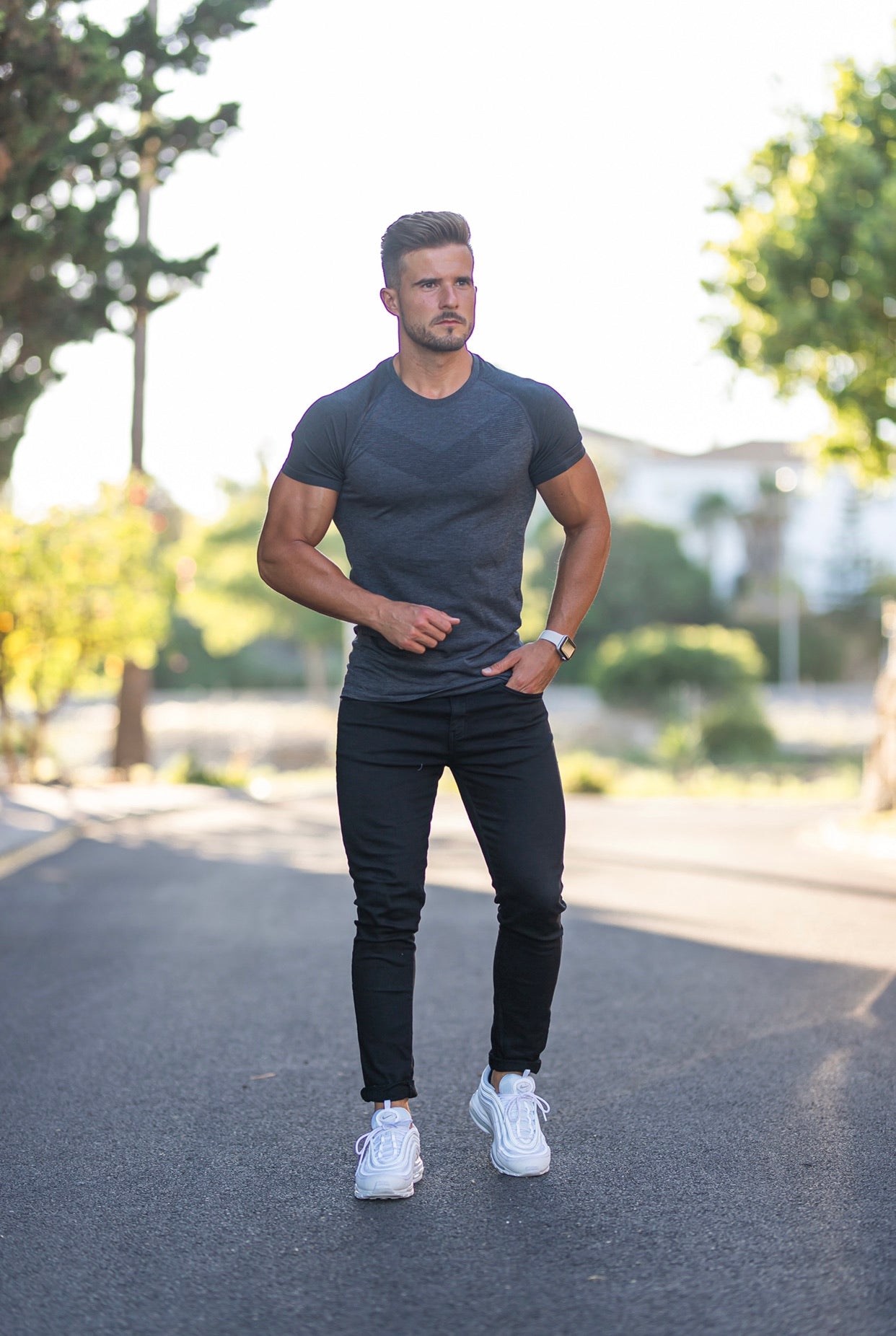 Short sleeve Charcoal crew gym top with Raglan sleeve detail - FSM026