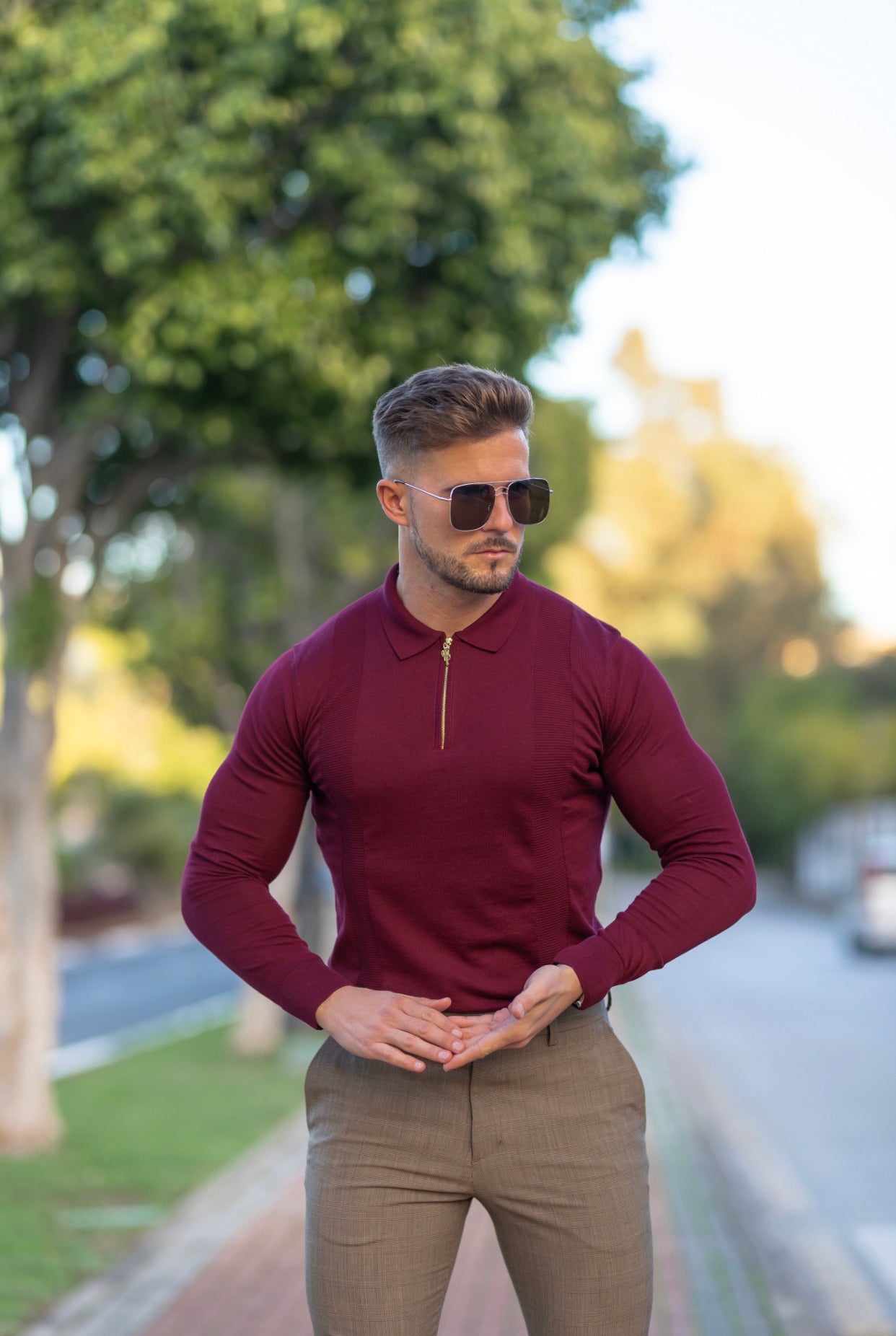 Classic Burgundy and Gold Zip Knitted Long Sleeve Polo Shirt - FSH566