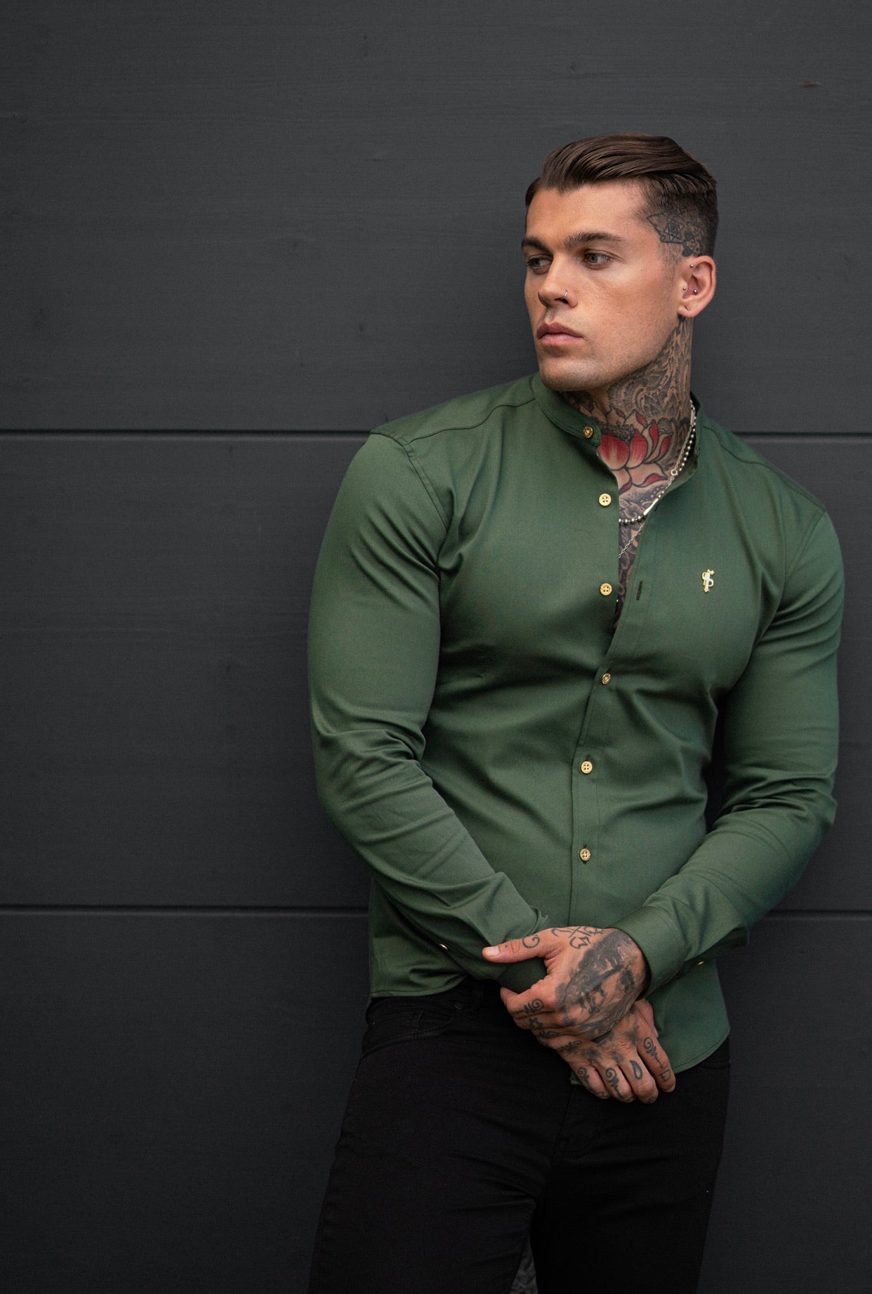 Super Slim Stretch Khaki Denim Long Sleeve Grandad collar with Metal Buttons and Decal Emblem - FS715