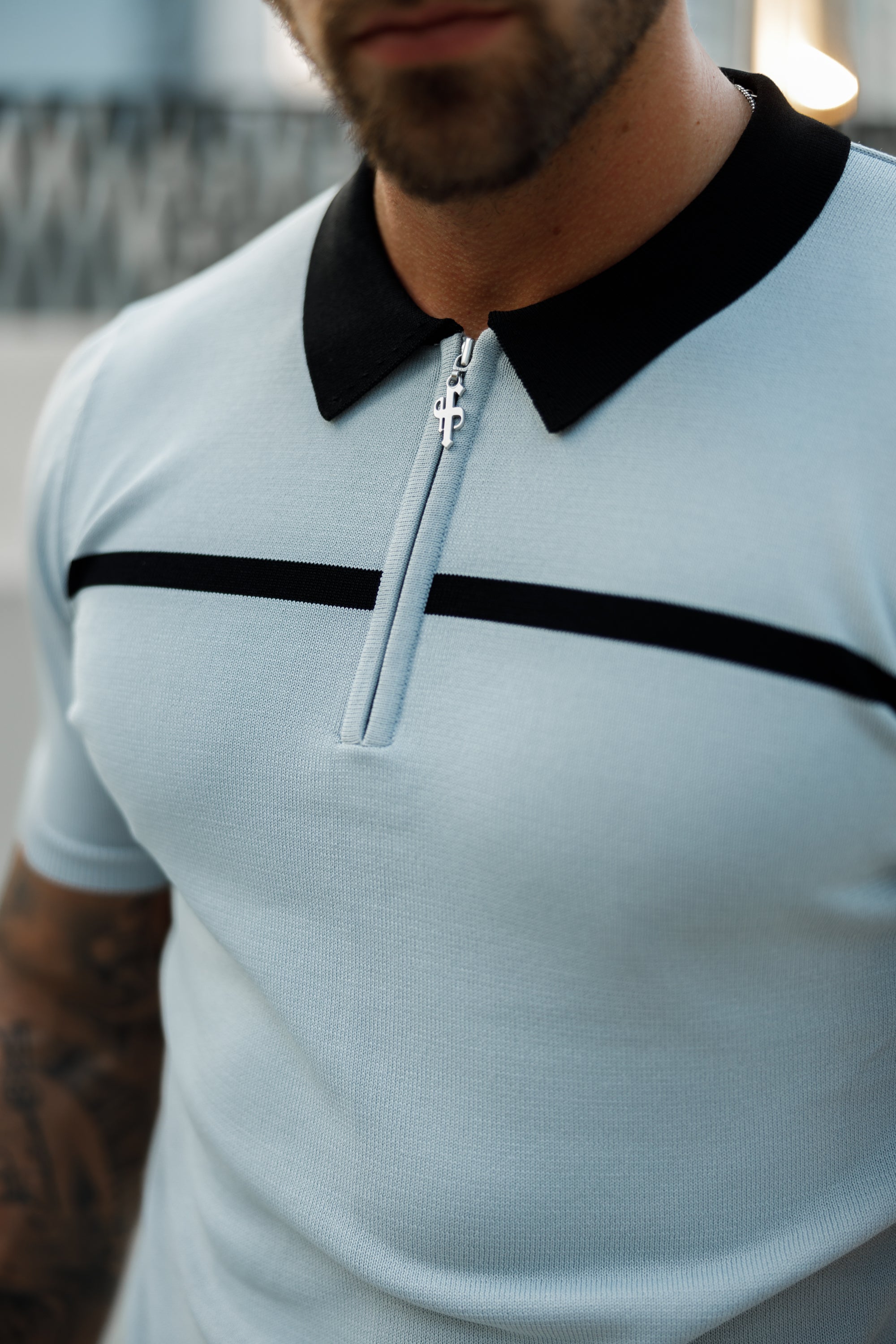 Classic Silver Grey / Black Horizontal Stripe Zipped Polo Short Sleeve - FSN040