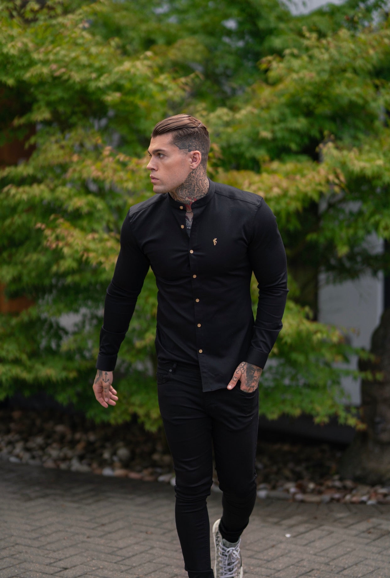 Super Slim Stretch Black Denim Long Sleeve Grandad collar with Metal Buttons and Decal Emblem - FS707