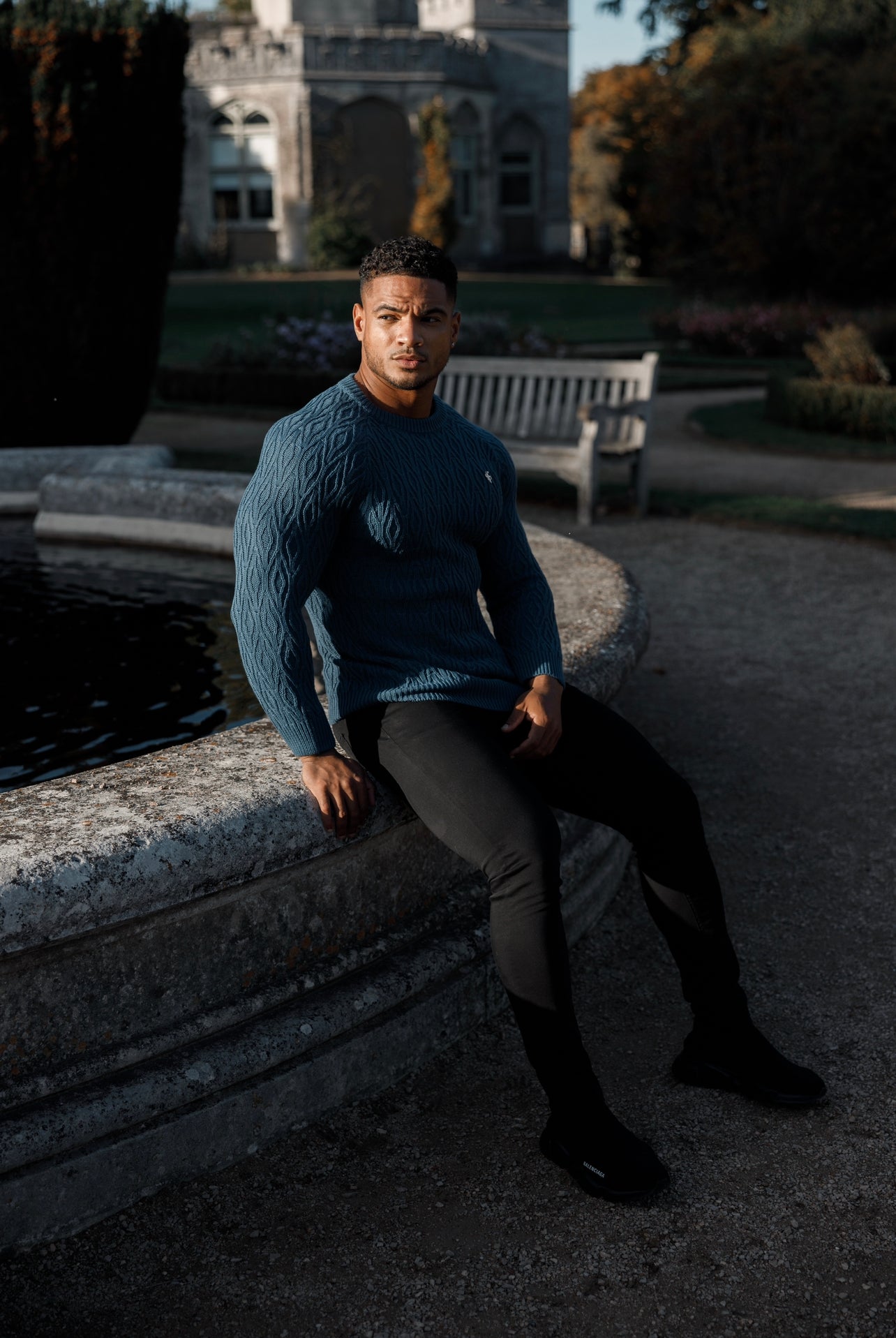 Air Force Blue Knitted Elongated Diamond Crew Super Slim Raglan Jumper With Metal Decal - FSN046