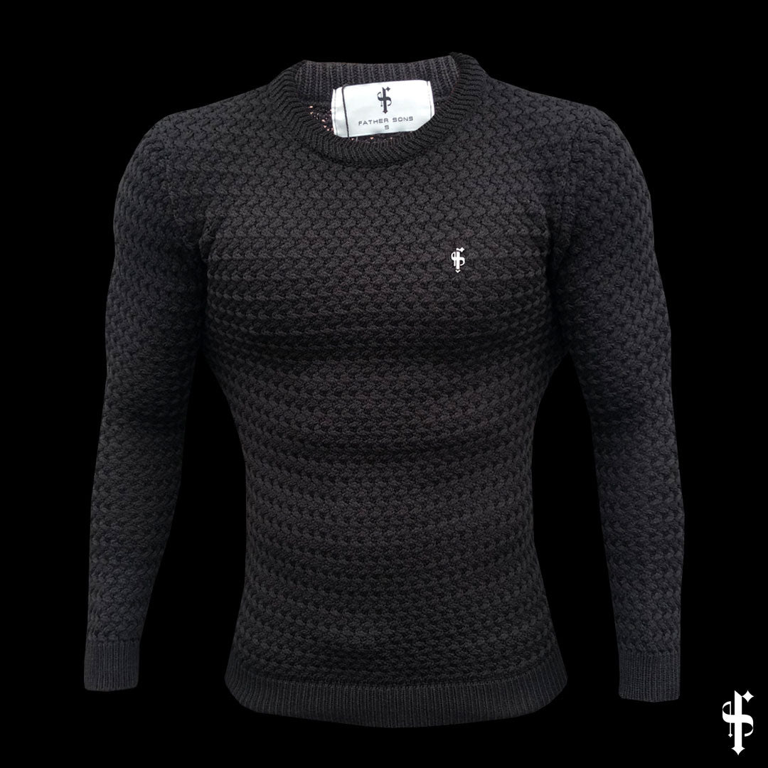 Black Knitted Weave Super Slim Jumper With Metal Decal - FSJ014