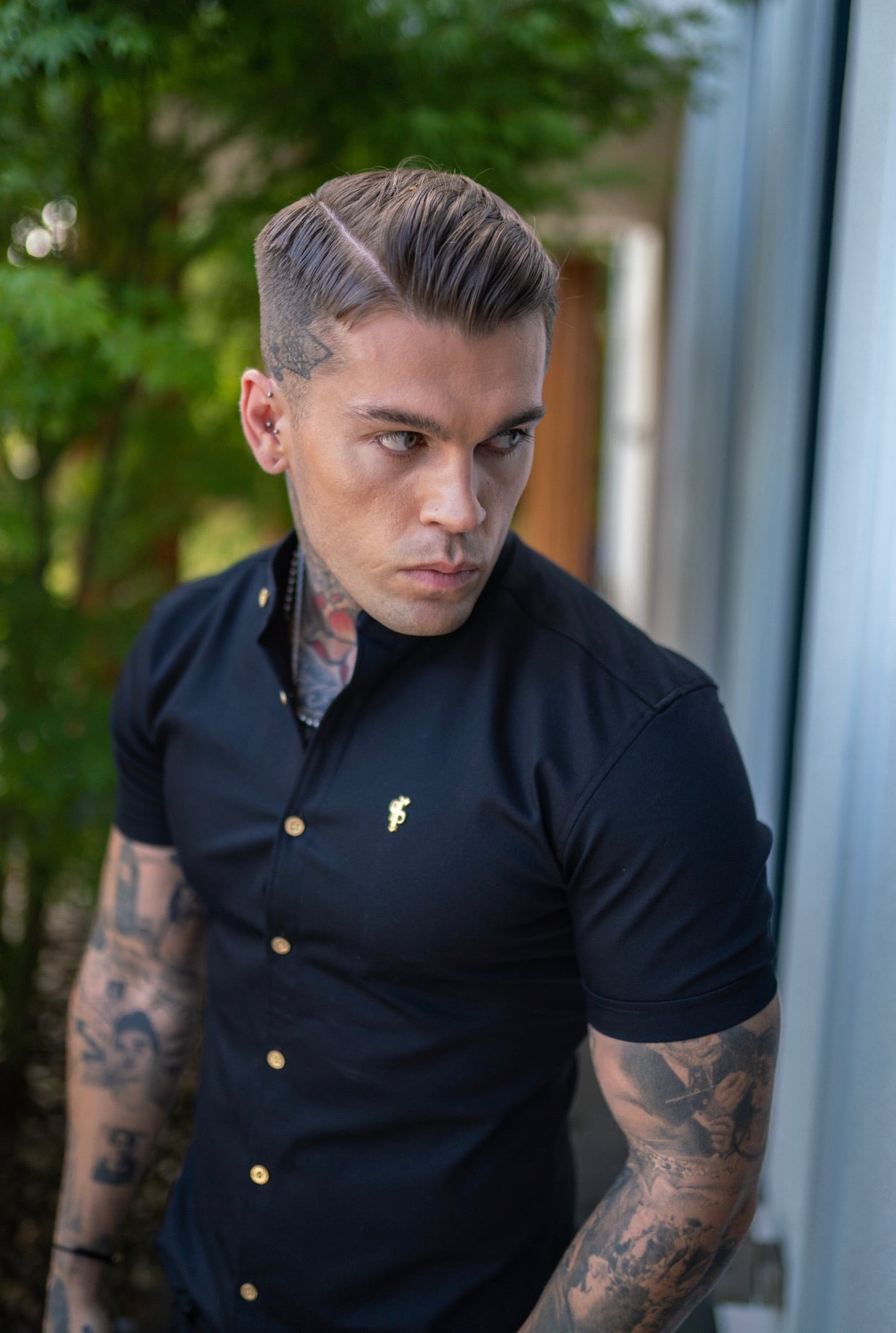 Super Slim Stretch Black Denim Short Sleeve Grandad collar with Metal Buttons and Decal Emblem - FS708