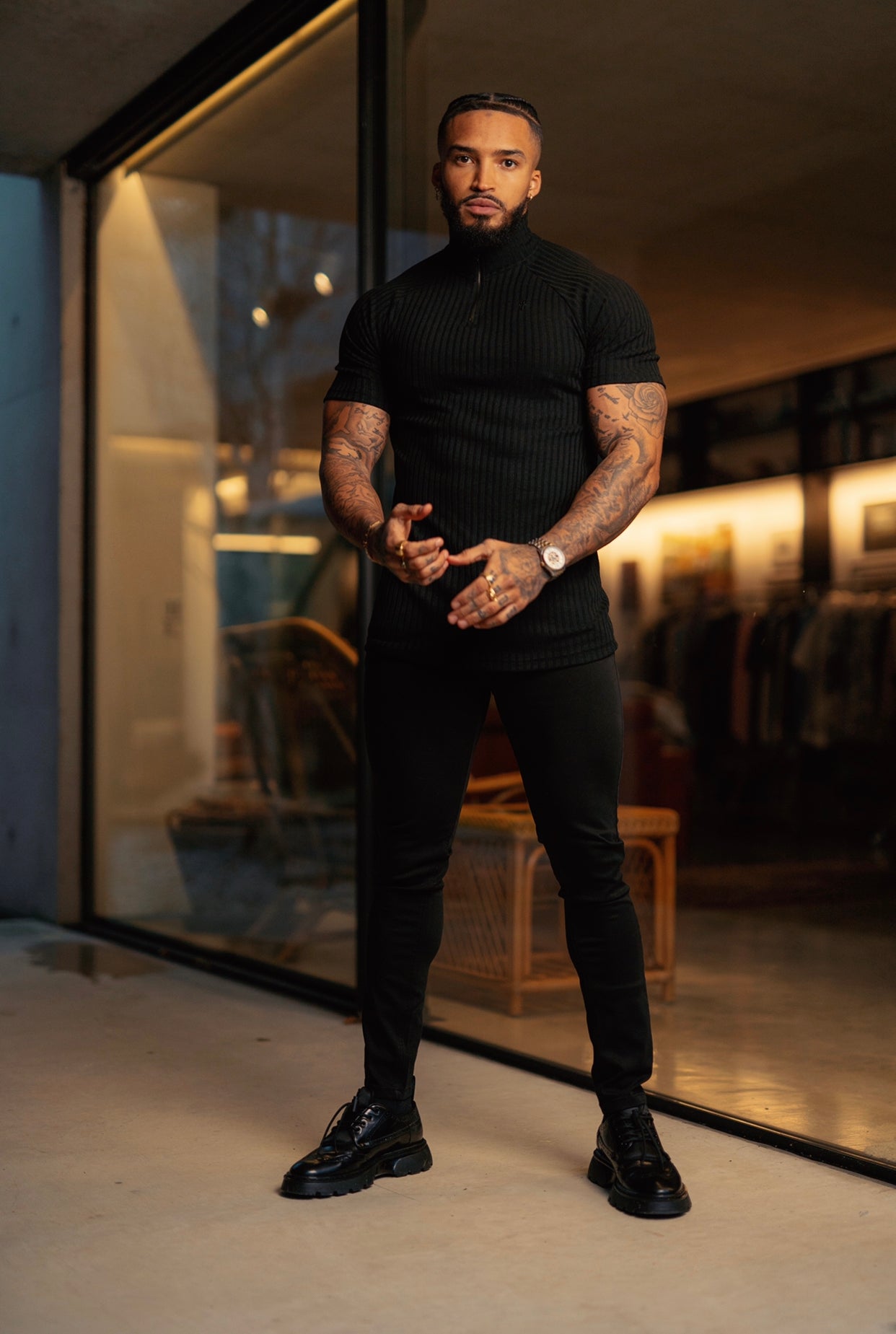 Classic Black Ribbed Zip Funnel Neck Raglan Short Sleeve Crew - FSH729