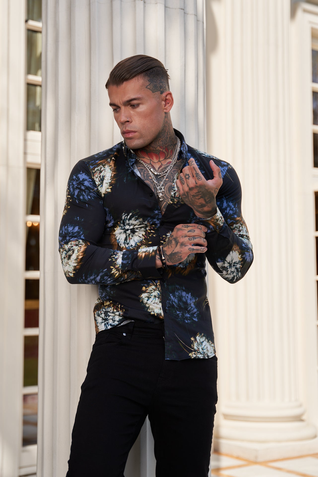 Super Slim Stretch Black Base Blurred Flower Print Long Sleeve with Button Down Collar - FS800