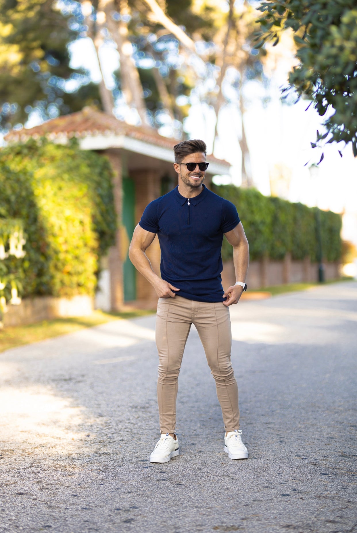Classic Navy Merino Wool Knitted Zip Polo Short Sleeve Jumper With FS Embroidery- FSN027