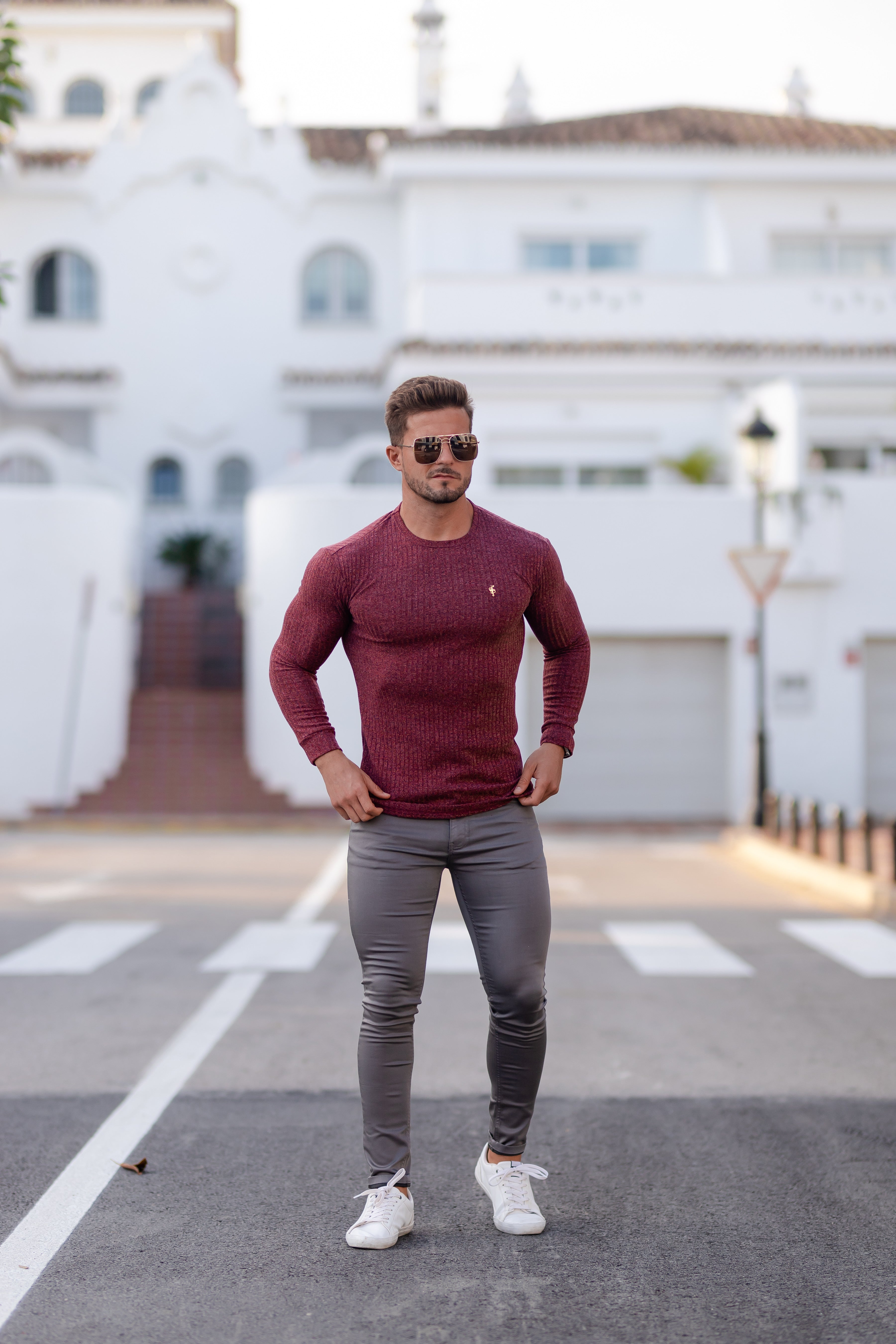 Classic Claret Ribbed Knit Jumper With Gold Metal Emblem - FSH538