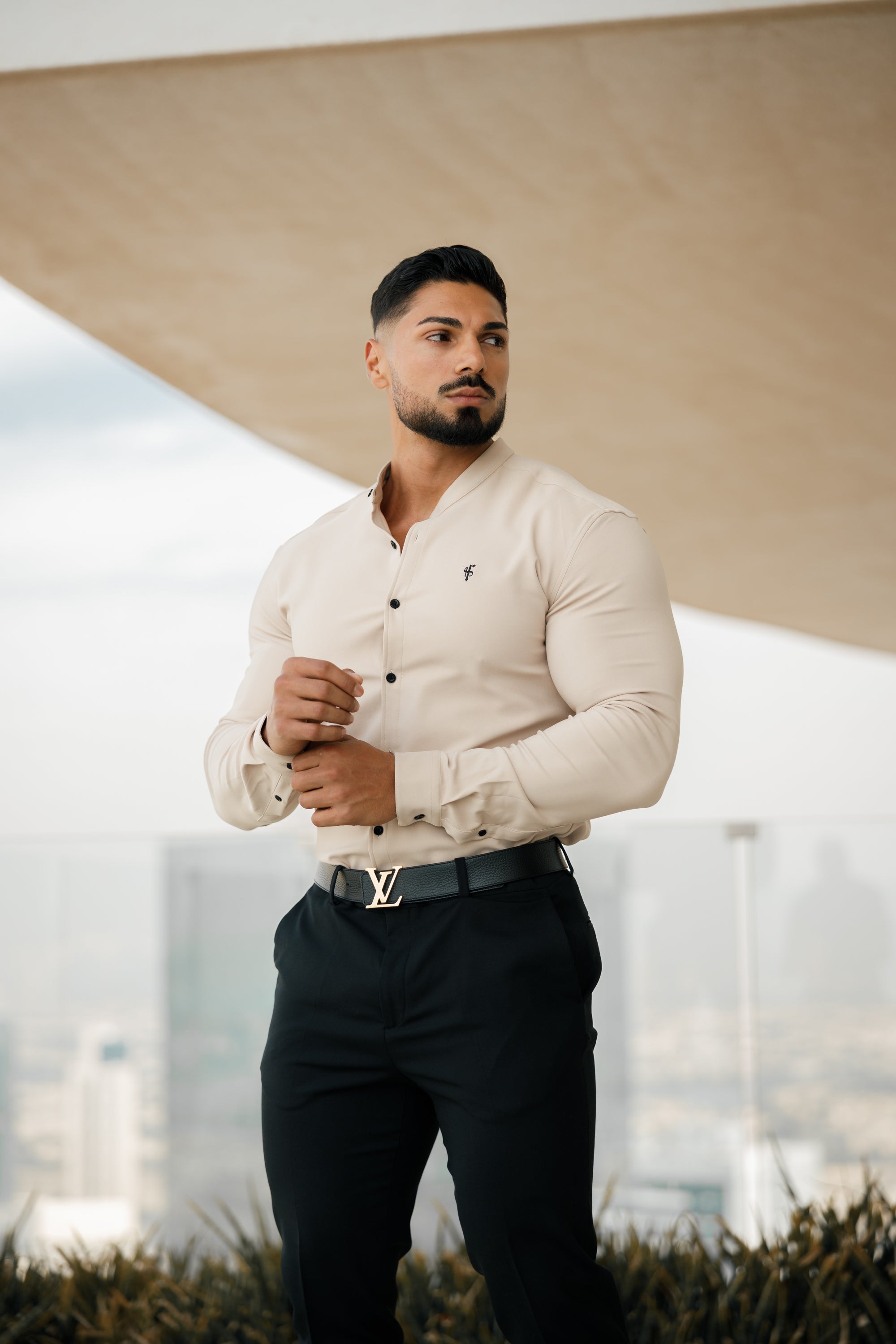 Super Slim Scuba Beige Long Sleeve Stretch with Grandad Collar - FS941
