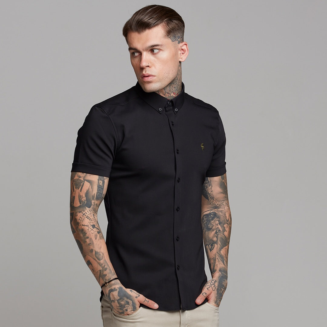 Super Slim Ultra Stretch Classic Black Short Sleeve (Khaki Embroidery) - FS481