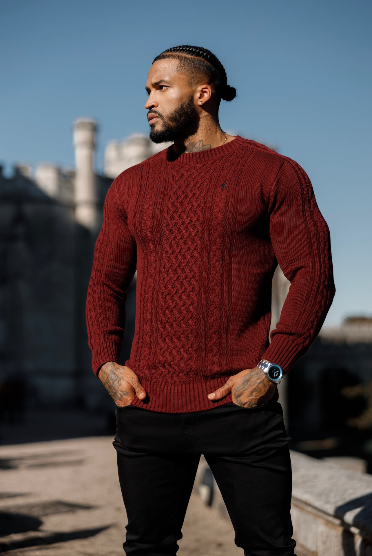 Burgundy Knitted Cable Saddle Crew Super Slim Jumper With Metal Decal - FSN079
