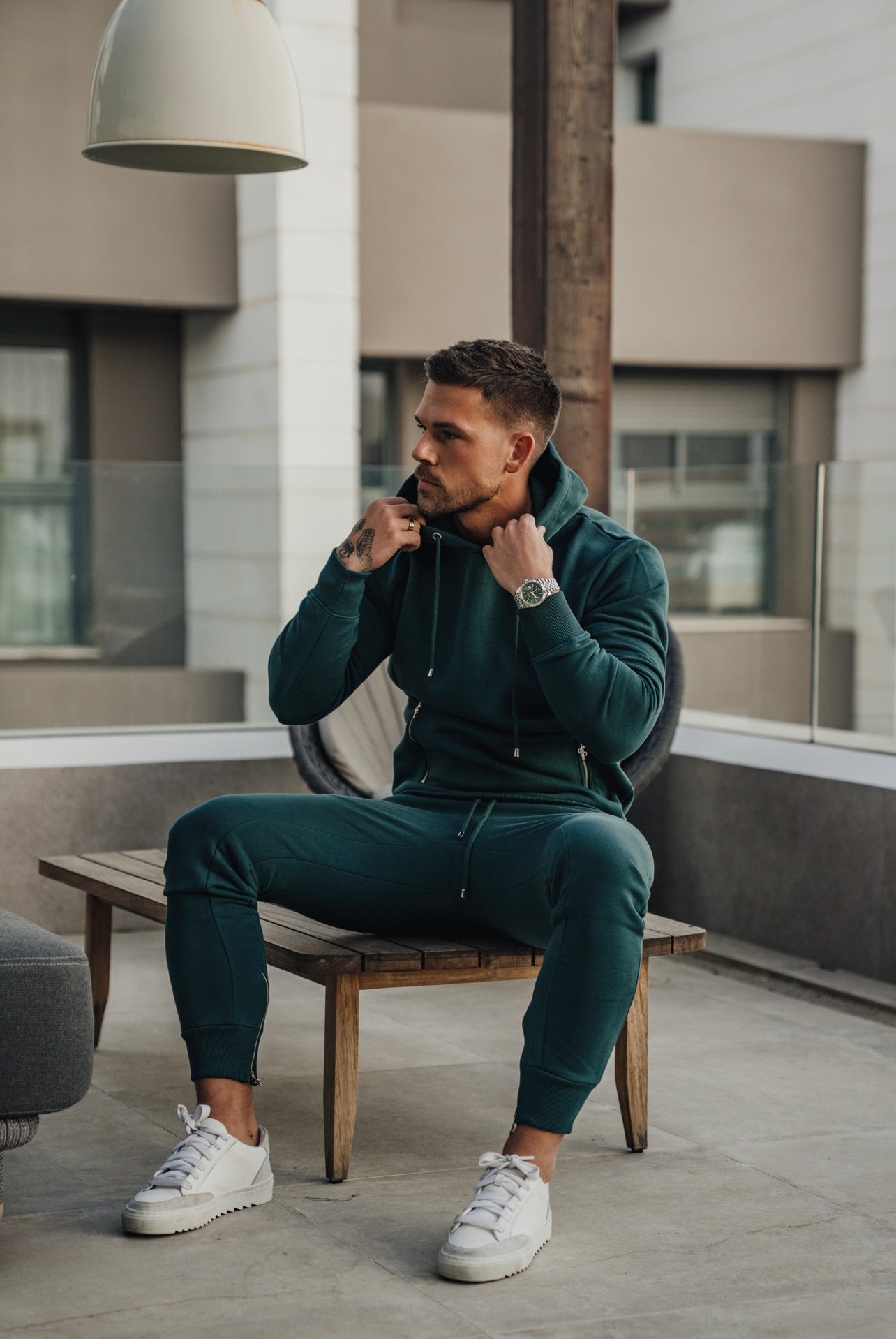 Forest Green / Silver Overhead Hoodie Top with Zipped Pockets - FSH799