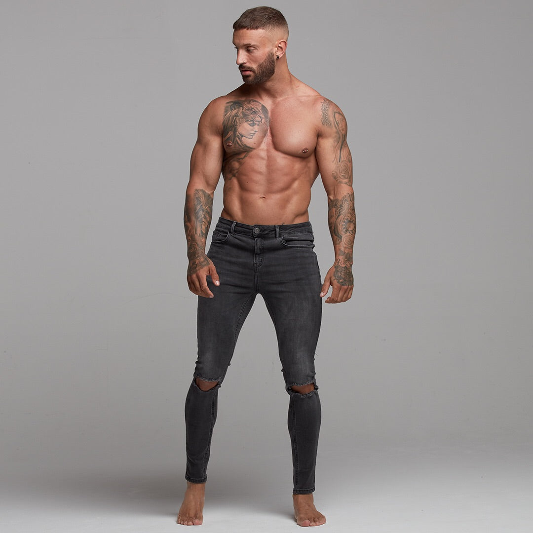 Stretch Washed Black Ripped Tapered Ankle Skinny Jeans - FSH227