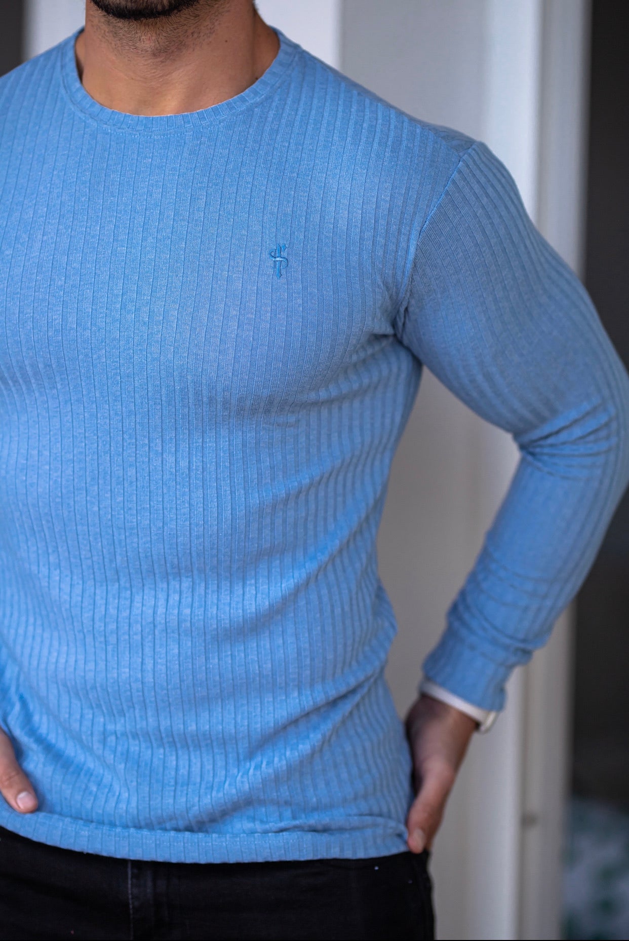 Classic Baby Blue Ribbed Knit Jumper - FSH594