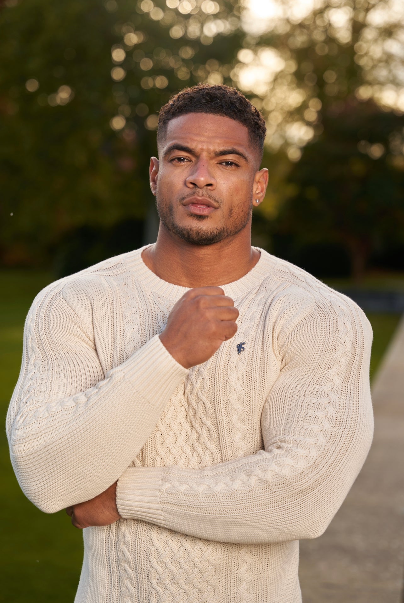 Oatmeal Knitted Cable Saddle Crew Super Slim Jumper With Metal Decal - FSN076