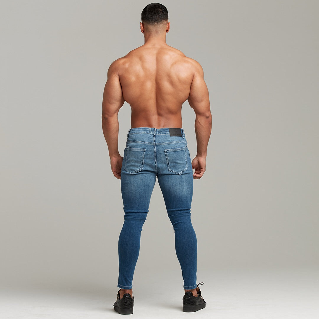 Slim Stretch Denim Blue Distressed Ripped Jeans - FSH403