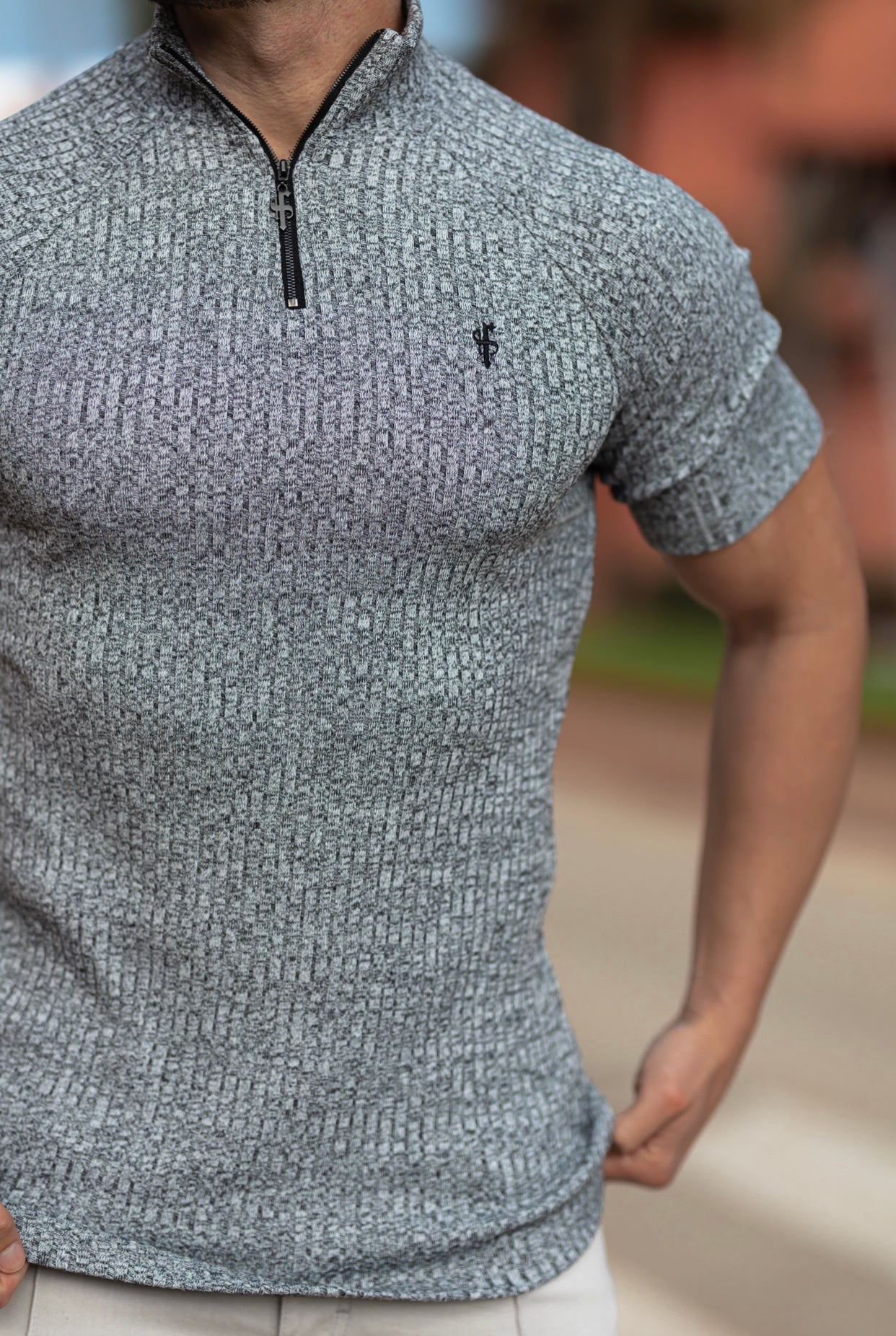 Classic Grey Ribbed Zip Funnel Neck Raglan Short Sleeve Crew - FSH730