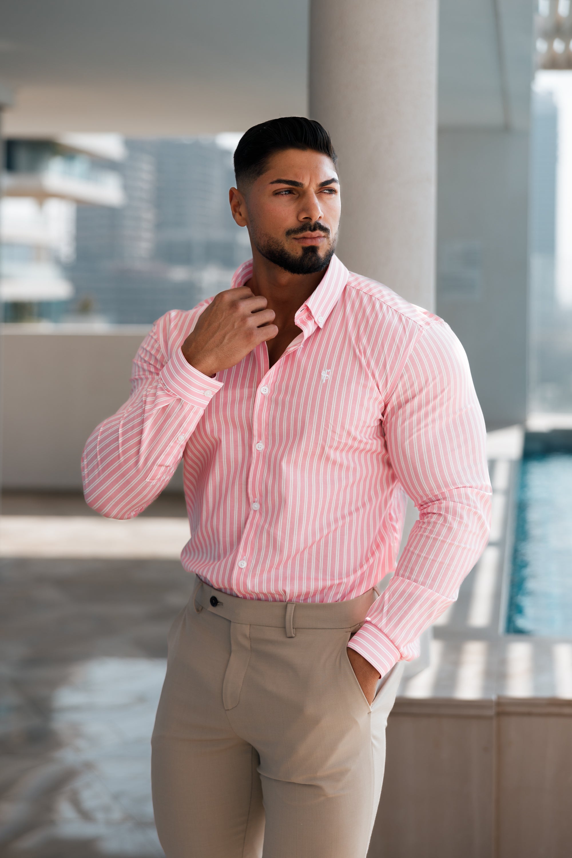 Super Slim Stretch White / Pink Stripe Print Long Sleeve with Button Down Collar - FS888