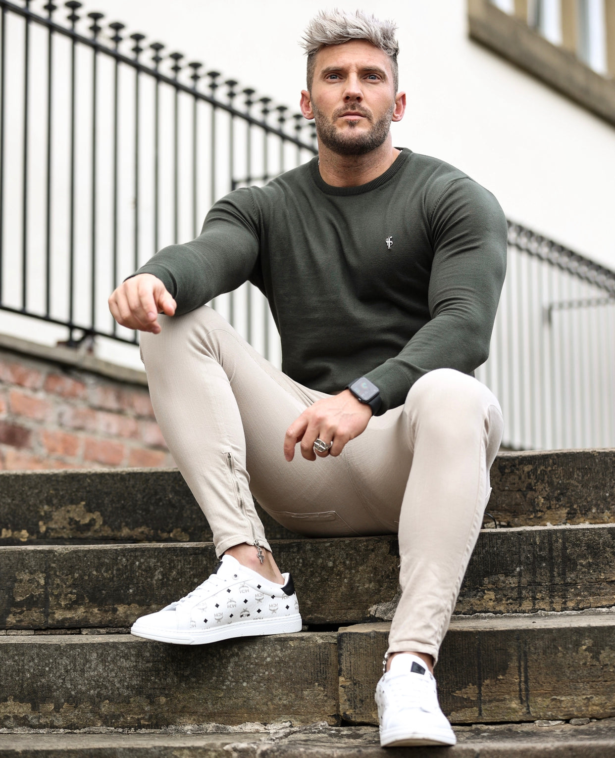Classic Khaki Crew Neck Knitted Jumper with Gunmetal Emblem - FSH671