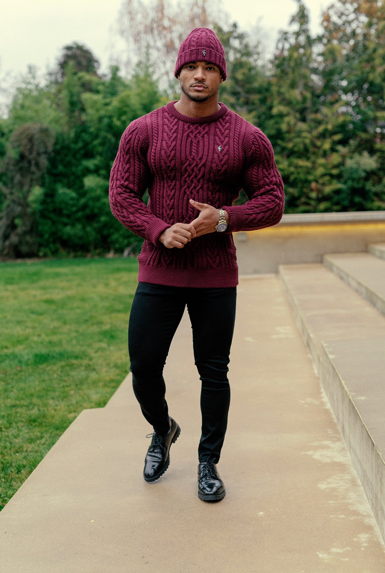 Burgundy Twisted Braid Weave Super Slim Jumper With Gunmetal Decal - FSJ043